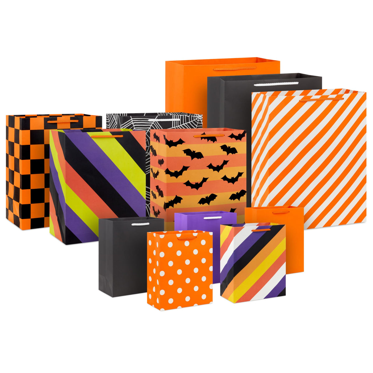 Sacs cadeaux assortis Hallmark pour Halloween en gros - Noir, orange et violet (12 sacs : 5 moyens de 23 cm, 4 grands de 33 cm, 3 très grands de 38 cm) à rayures, pois et unis pour enfants, enseignants, anniversaires