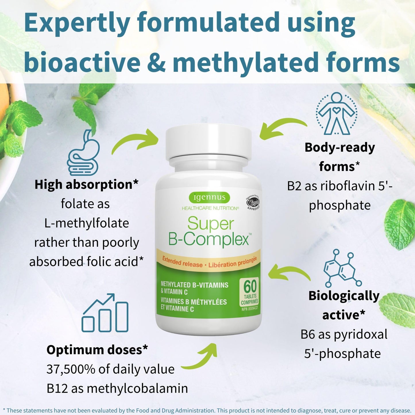 Igennus Super B-Complex - High Strength Methylated B Vitamins, Clean Label