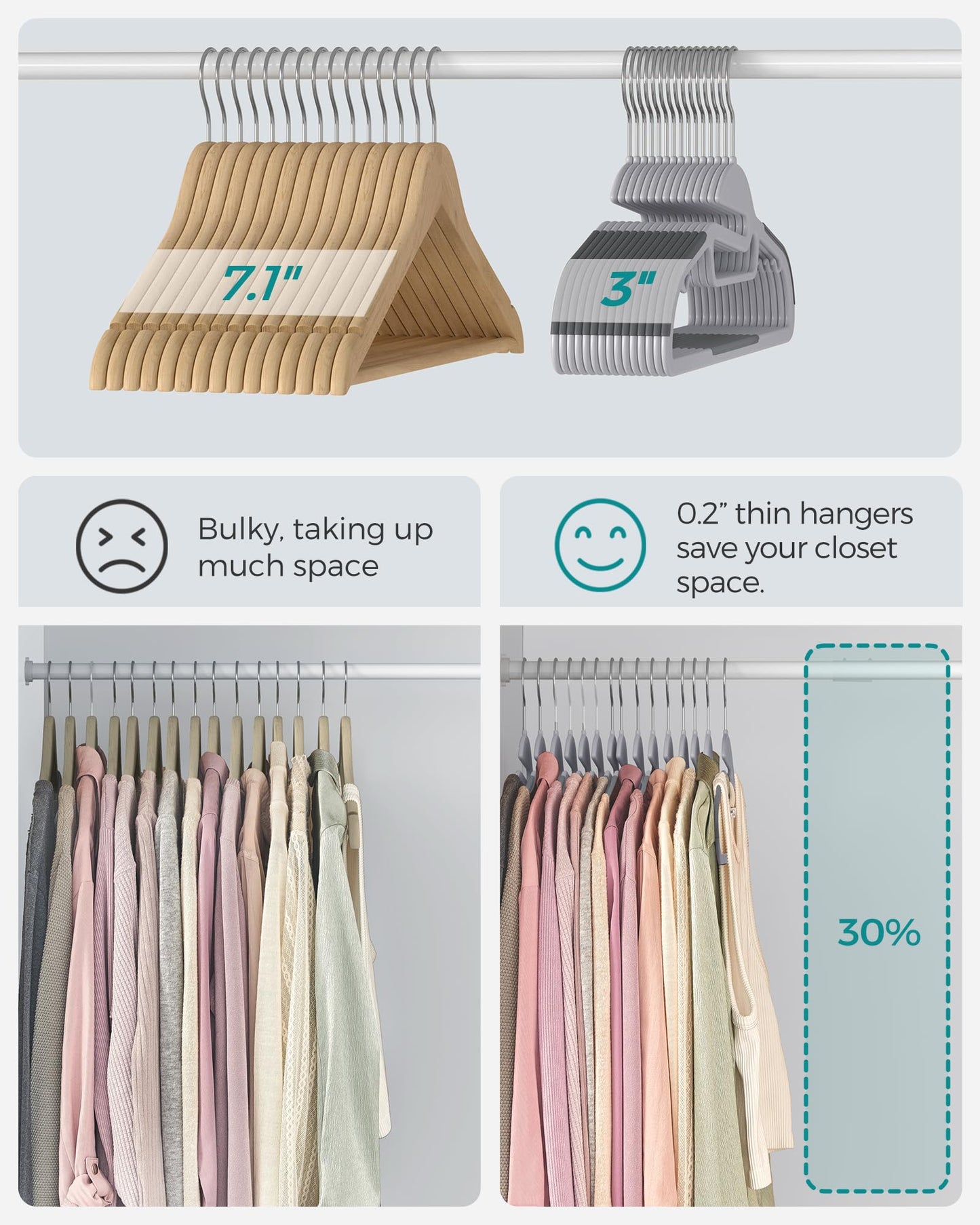 SONGMICS 50 Pack Coat Hangers, Heavy-Duty Plastic Suit Hangers, S-Shaped Opening, Non-Slip, Space-Saving, 360º Swivel Hook, 16.3 Inches Long, Light Gray and Dark Gray UCRP41G-50 SONGMICS