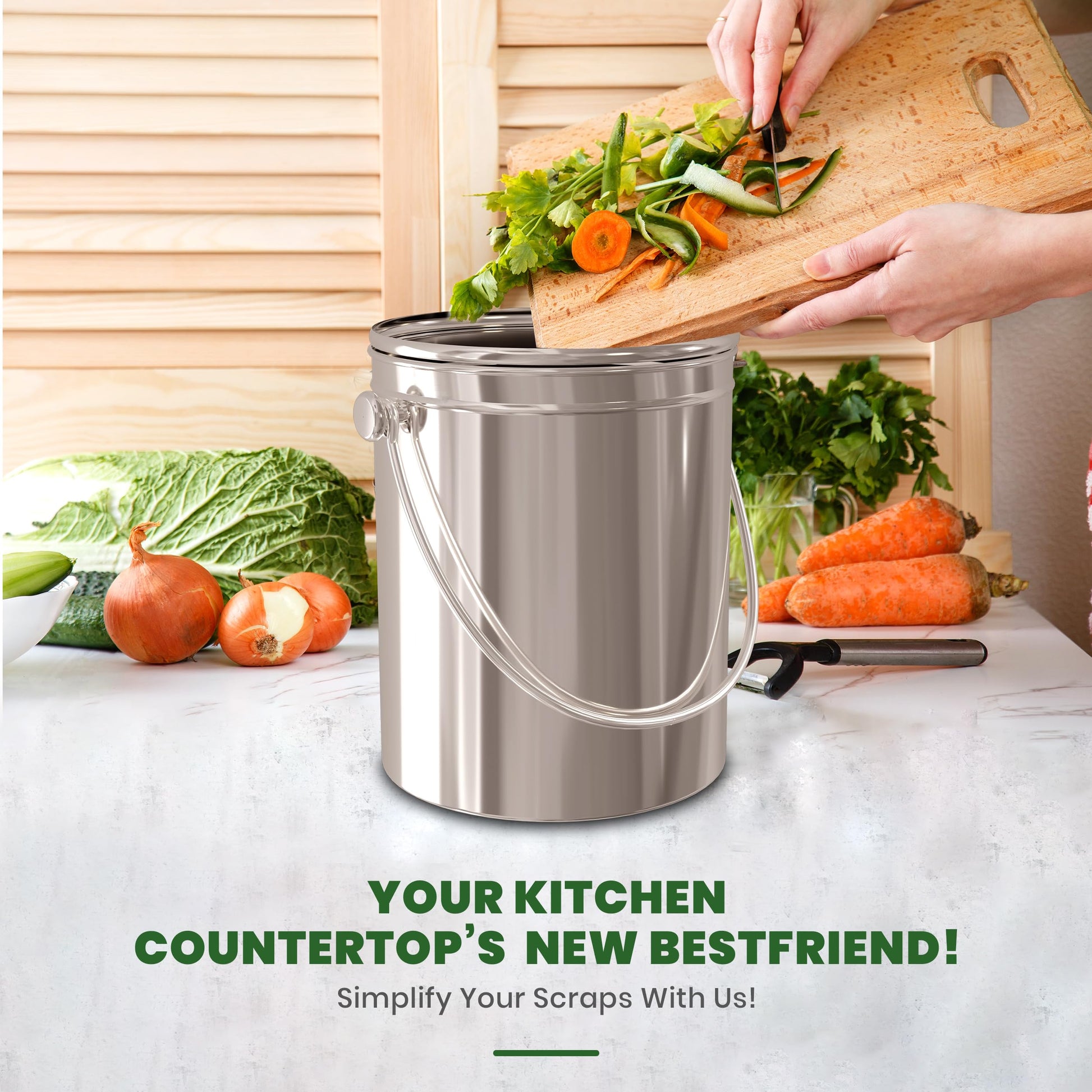 KICHLY Compost Bin, Stainless Steel Bin for Kitchen Countertop, 1.3 Gallon Composting Bucket, Compost Pail with Lid, Includes 1 Spare Charcoal Filter, Silver - Available at All In One Marketplace Canada