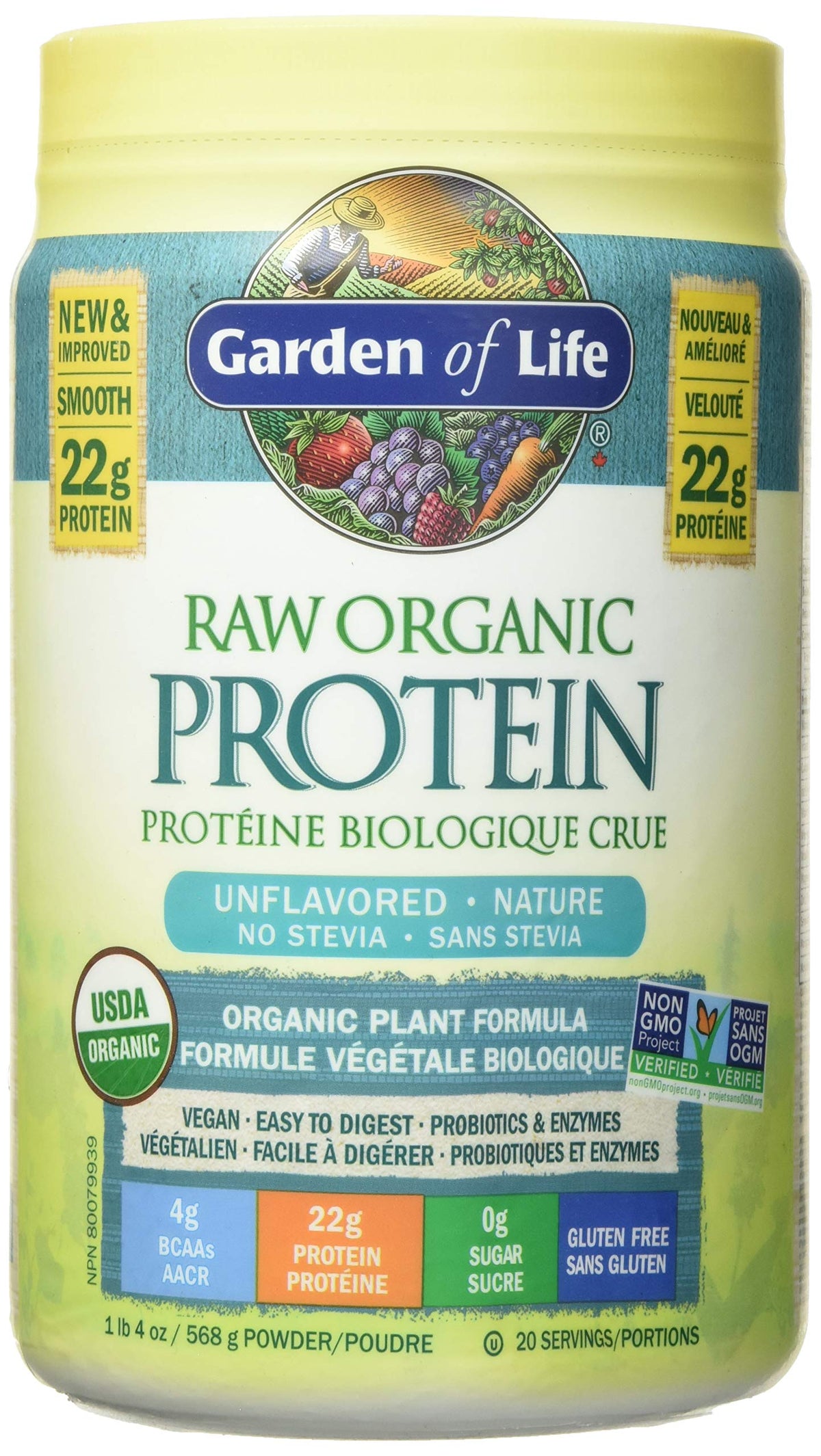 Garden Of Life Raw Organic Protein, Unflavored, 568g. Packed with 22 Grams of Certified Organic Plant Protein, including organic peas grown and processed in Canada. Assitsts in building and repairs muscles. 4g of BCAAs