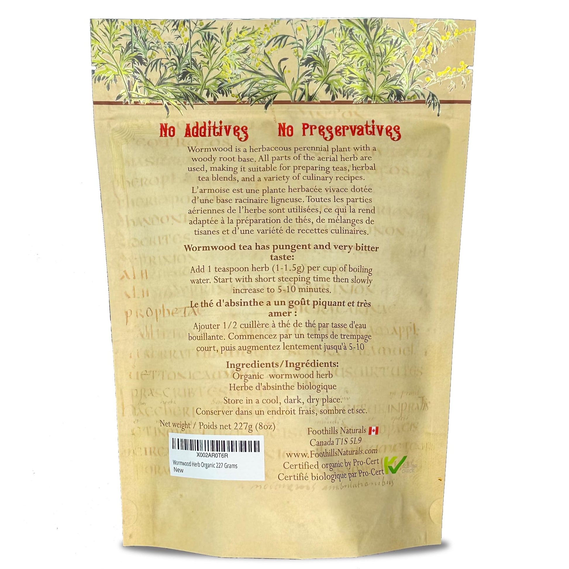 Foothills Naturals Organic Wormwood Herb - Cut & Sifted - 8 oz (227g)