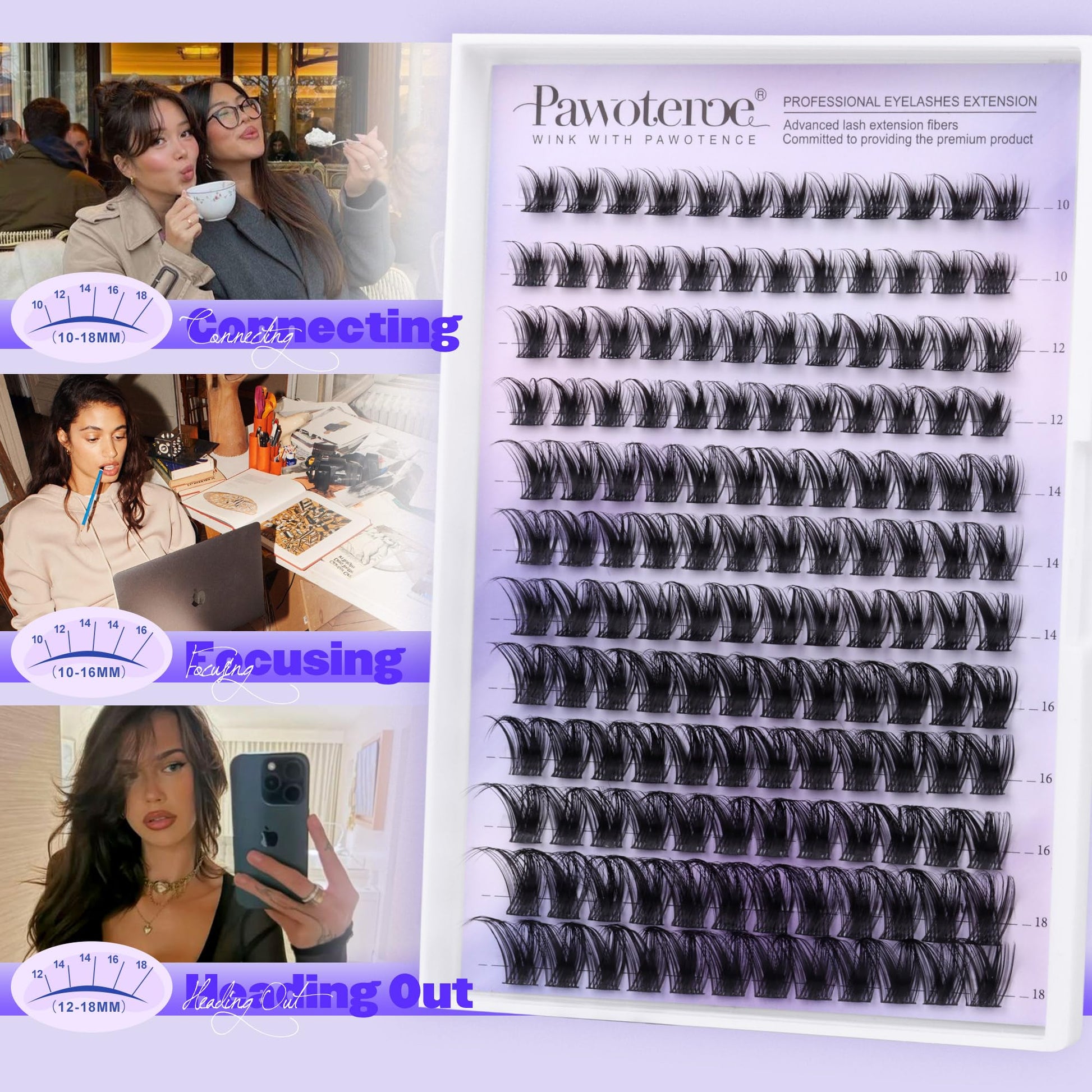 Pawotence Lash Clusters Wispy Cluster Eyelash Extensions 10-18mm Individual Lashes D Curl Cluster Lashes Extension DIY Soft Comfortable Eyelash Clusters with Thin Band