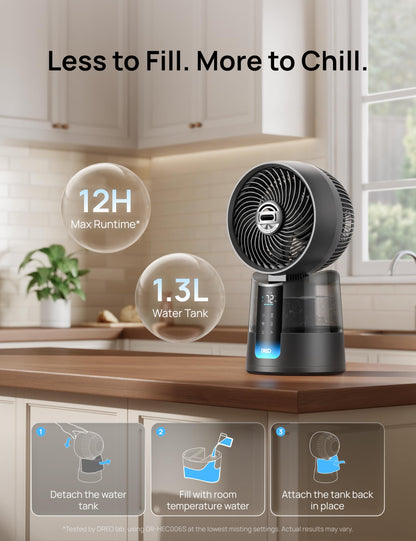 DREO TurboCool Misting Fan 516S, 150°+30°Omni-directional Oscillating Cooling Desk Fans that Blow Cold Air, 26 ft/s,Evaporative Air Cooler, 20dB, 6 Speeds 2 Modes, Remote & APP, RGB, Indoor, Grey - Available at All In One Marketplace Canada