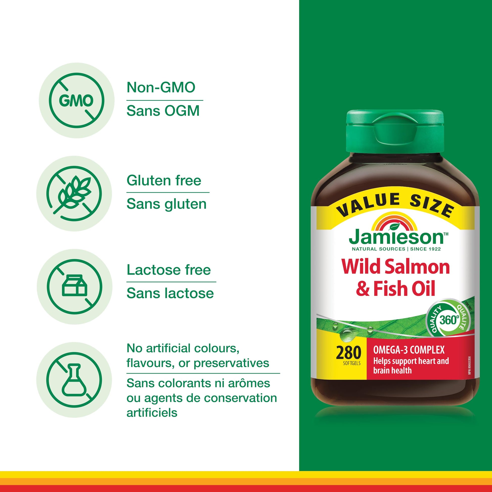 Jamieson Wild Salmon and Fish Oil 1,000 mg Softgels, Value Size, Supports Heart and Brain Health. With Wild Alaskan Salmon, Menhaden, EPA and DHA, Non-GMO, Gluten-Free, 280 Count, Proudly Canadian Jamieson