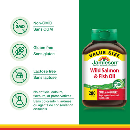 Jamieson Wild Salmon and Fish Oil 1,000 mg Softgels, Value Size, Supports Heart and Brain Health. With Wild Alaskan Salmon, Menhaden, EPA and DHA, Non-GMO, Gluten-Free, 280 Count, Proudly Canadian Jamieson