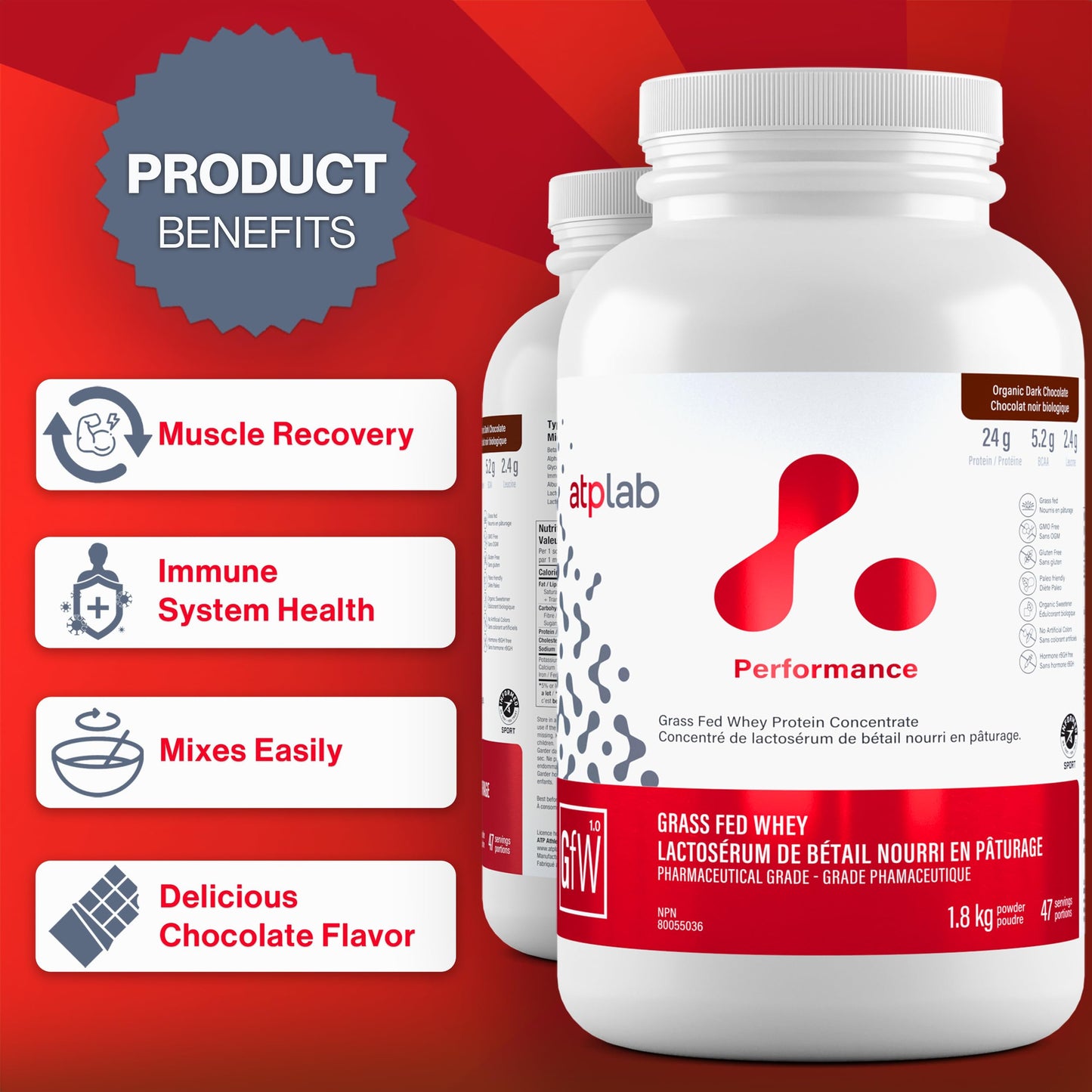 ATP LAB Grass Fed Whey Protein Concentrate - Organic Dark Chocolate - 1.8kg (47 Servings)