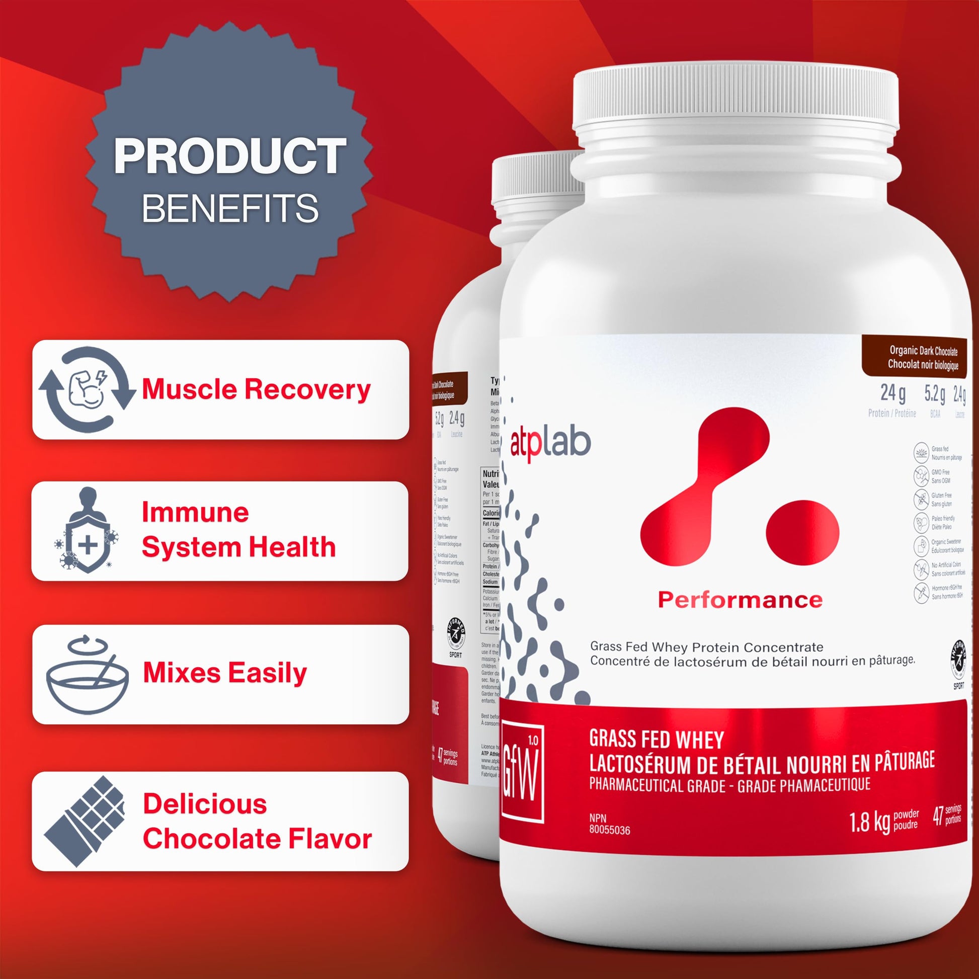 ATP LAB Grass Fed Whey Protein Concentrate - Organic Dark Chocolate - 1.8kg (47 Servings)