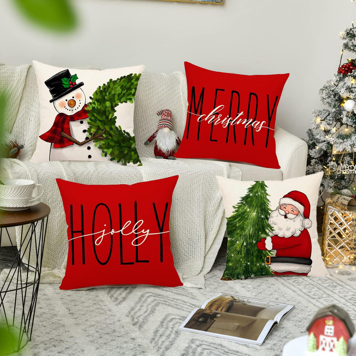 Mevers Christmas Pillow Covers 18x18 Set of 4, Farmhouse Christmas Decorations Snowman Wreath Santa Claus Tree Merry Christmas Holly Jolly Winter Holiday Decor Throw Cushion Case for Home Couch 🍁 All In One Marketplace Canada