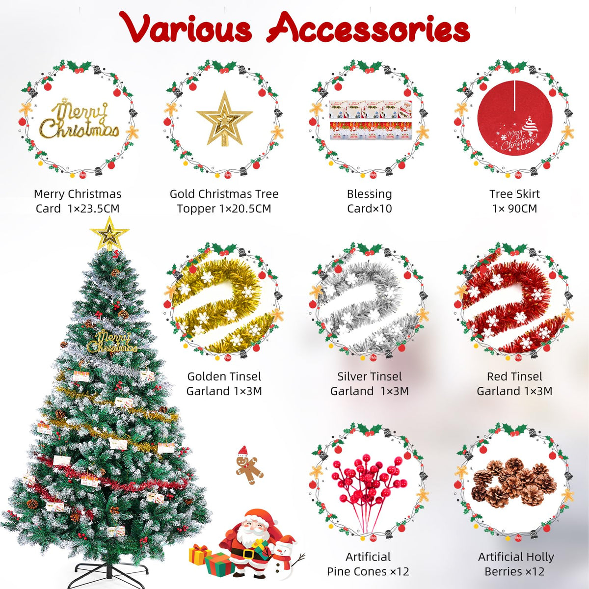 Artificial Christmas Tree, 6FT Holiday Xmas Tree 1400 Branch Tips, Upgraded Metal Base, Includes 6 Different Decorations 🍁 All In One Marketplace Canada