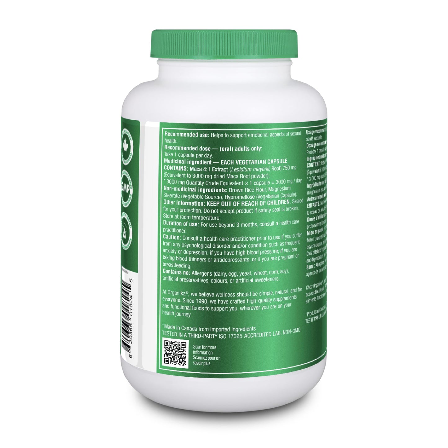 Organika Canadian-Made Maca 4:1 Strength 180 Vcaps - 3000mg | High Bioavialability Formula, Adaptogen to Help with Stress, Energy and Hormone Balance Organika