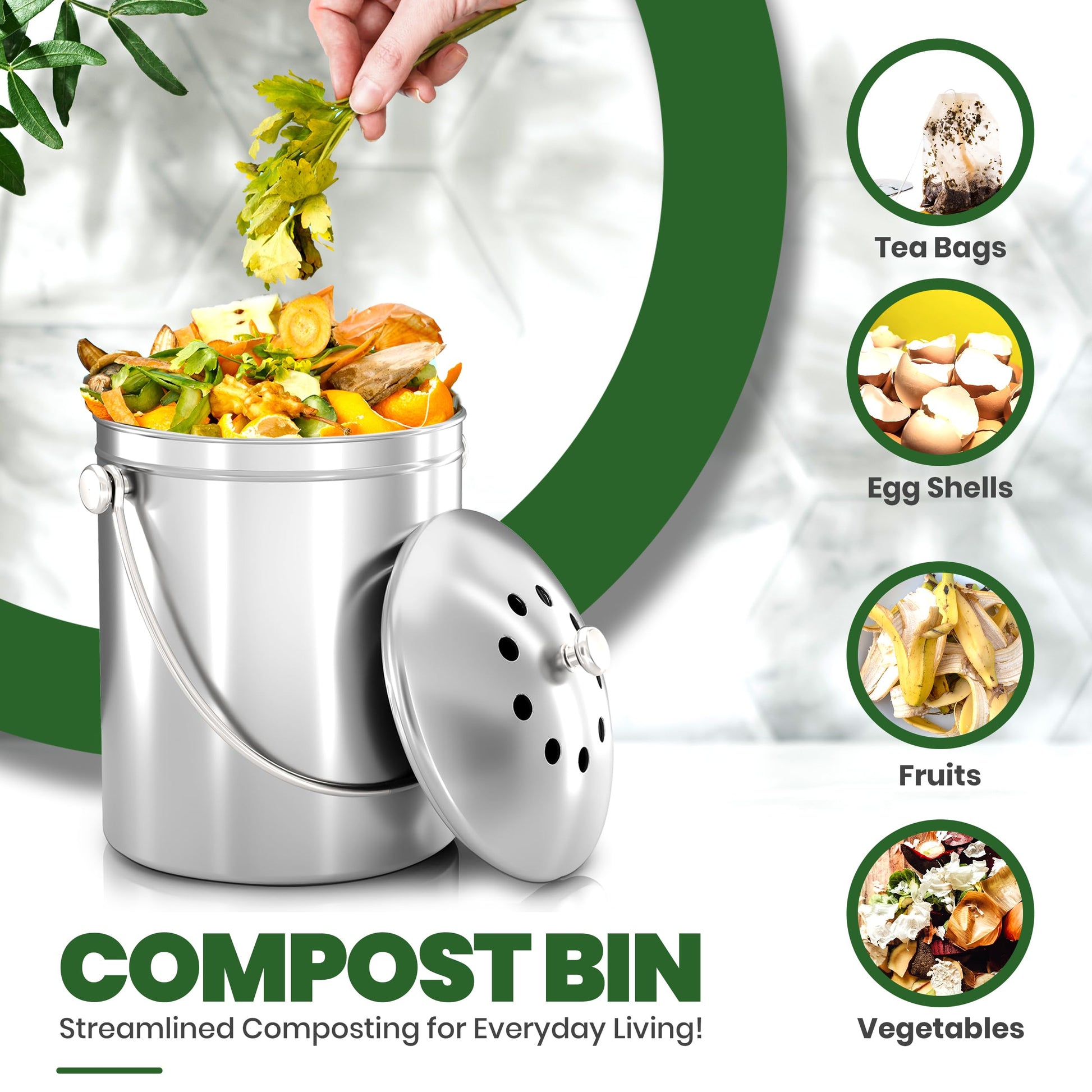 KICHLY Compost Bin, Stainless Steel Bin for Kitchen Countertop, 1.3 Gallon Composting Bucket, Compost Pail with Lid, Includes 1 Spare Charcoal Filter, Silver - Available at All In One Marketplace Canada