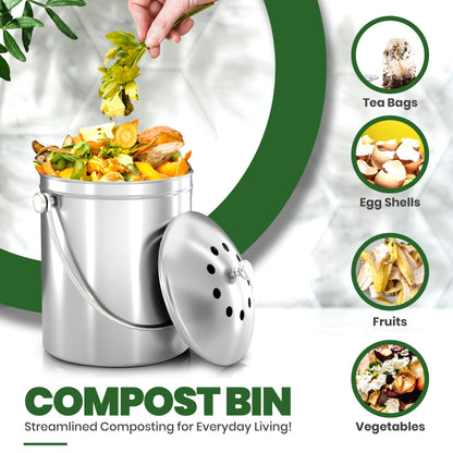 KICHLY Compost Bin, Stainless Steel Bin for Kitchen Countertop, 1.3 Gallon Composting Bucket, Compost Pail with Lid, Includes 1 Spare Charcoal Filter, Silver - Available at All In One Marketplace Canada