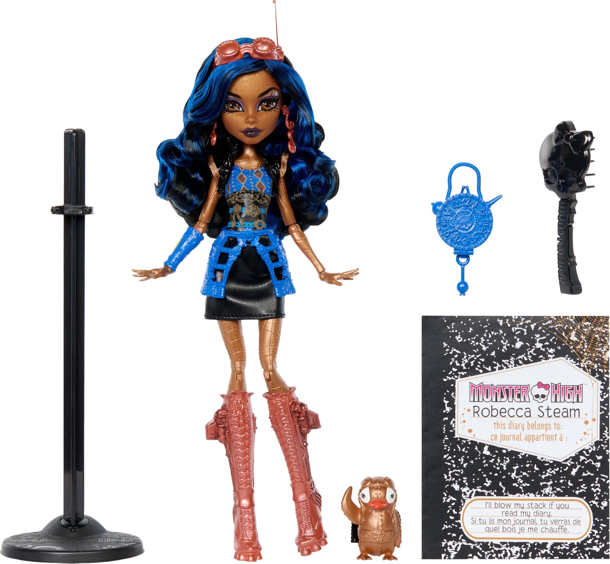 Monster High Boo-riginal Creeproduction Doll, Robecca Steam Collectible Reproduction with Doll Stand, Diary, and Pet Penguin Captain Penny Monster High