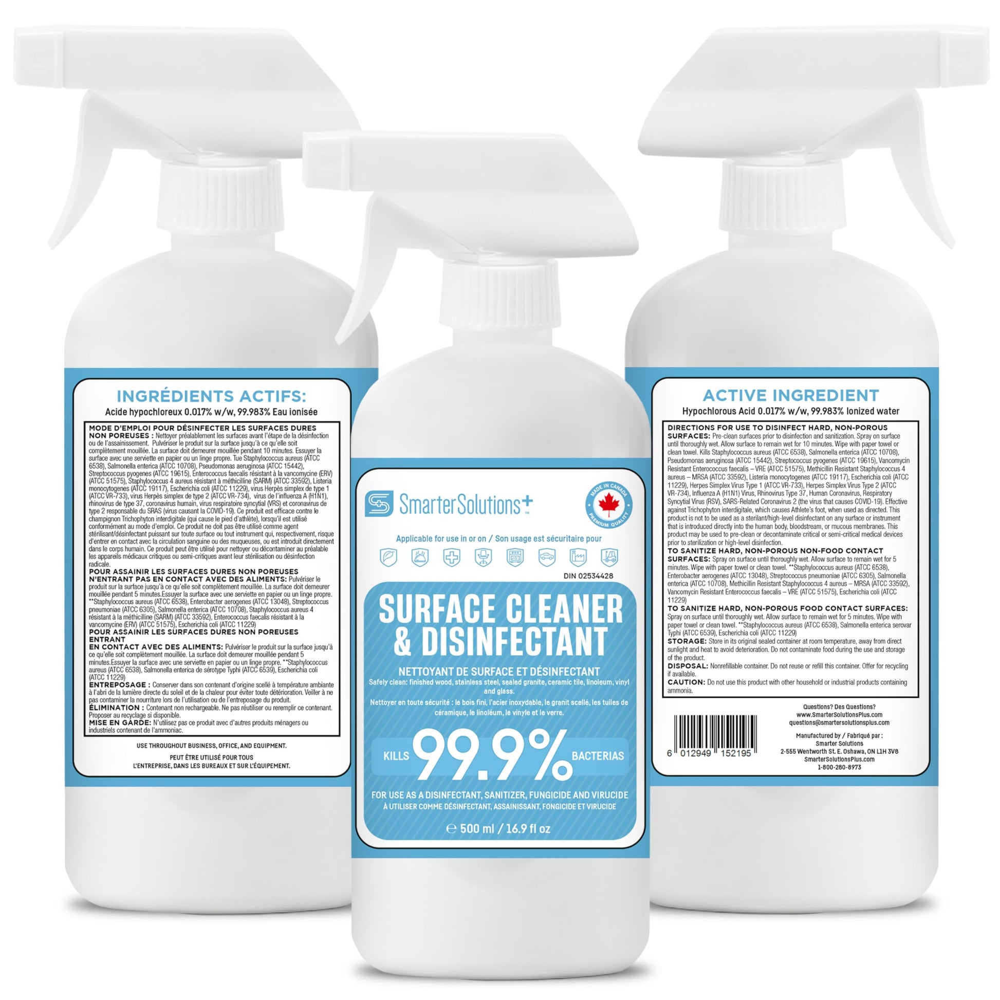 Hypochlorous Acid Spray Cleaning Solution, Made in Canada, Hospital Grade Disinfectant Spray, All-Purpose Sanitizer & Deodorizer, Eliminate Viruses Including Norovirus (2 Pack - 2 x 500ml) - Available at All In One Marketplace Canada