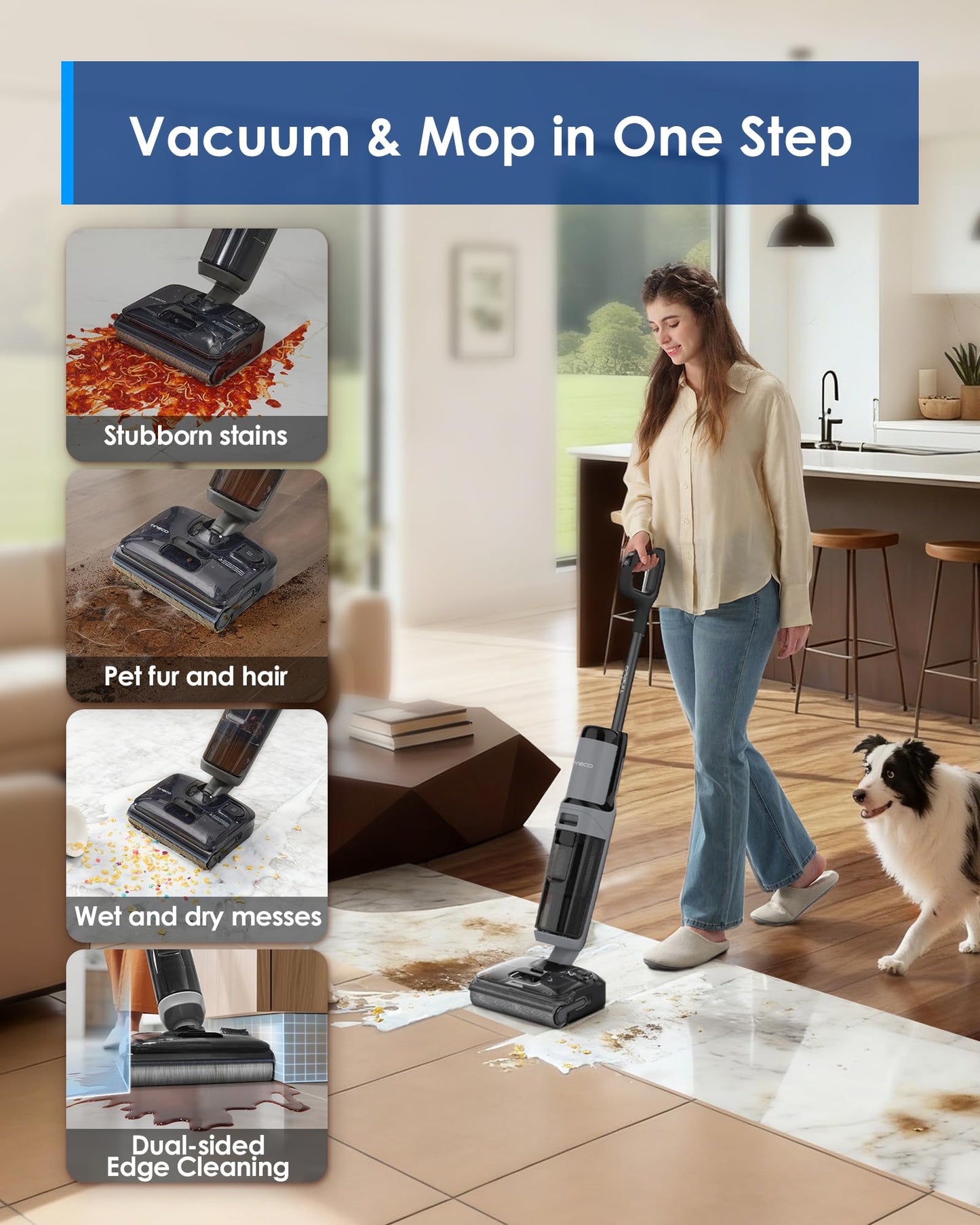 Tineco Floor ONE i5 Stretch Wet Dry Vacuum Cleaner,Vacuum & Mop in One Step,180° Lay-Flat Design,Anti-Tangle Design,Dual-Sided Edge Cleaning,Up to 30* Minutes Runtime,Large-Capacity Water Tanks - Available at All In One Marketplace Canada