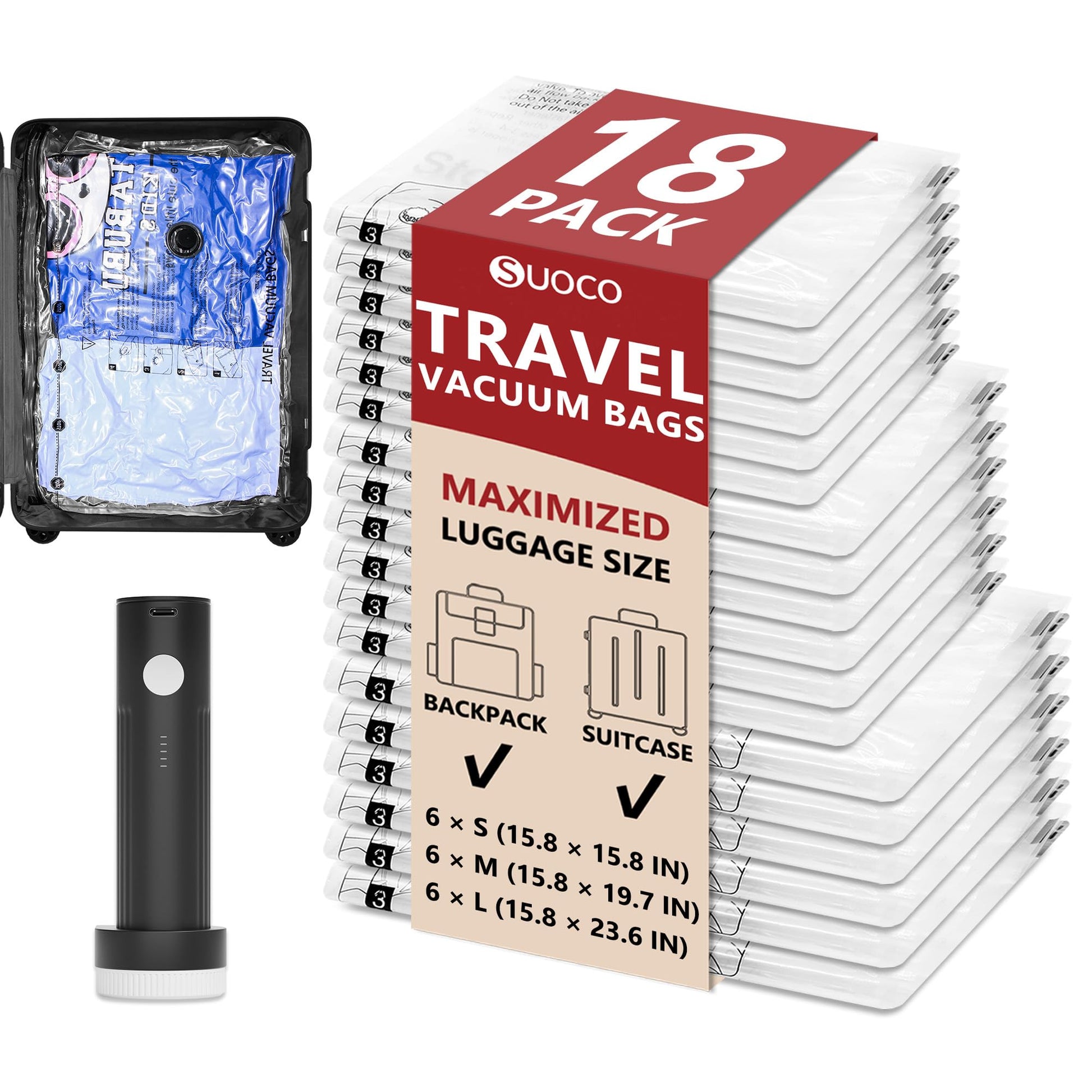 Travel Vacuum Bags for Clothing with Rechargeable Electric Pump, Compression Packing Cubes Organizer Storage for Luggage Suitcase, Space Saver Seal Bags for Vacation Cruise, 18 Combo - Available at All In One Marketplace Canada
