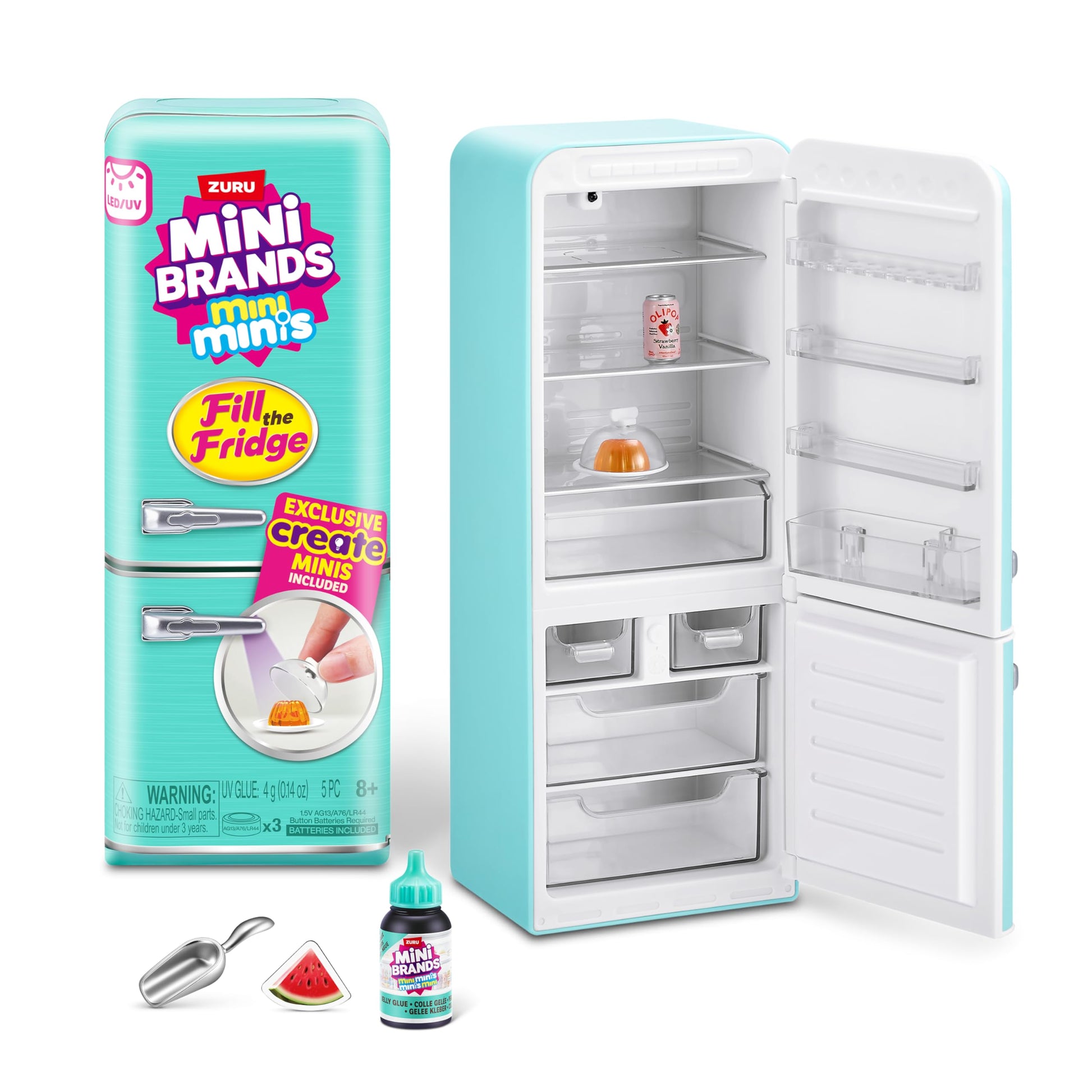Mini Brands Fill The Fridge Playset w/UV Light by ZURU, Collectibles, DIY, Resin Play, Exclusive Recipe, NOT Edible, 8+ Mini Brands
