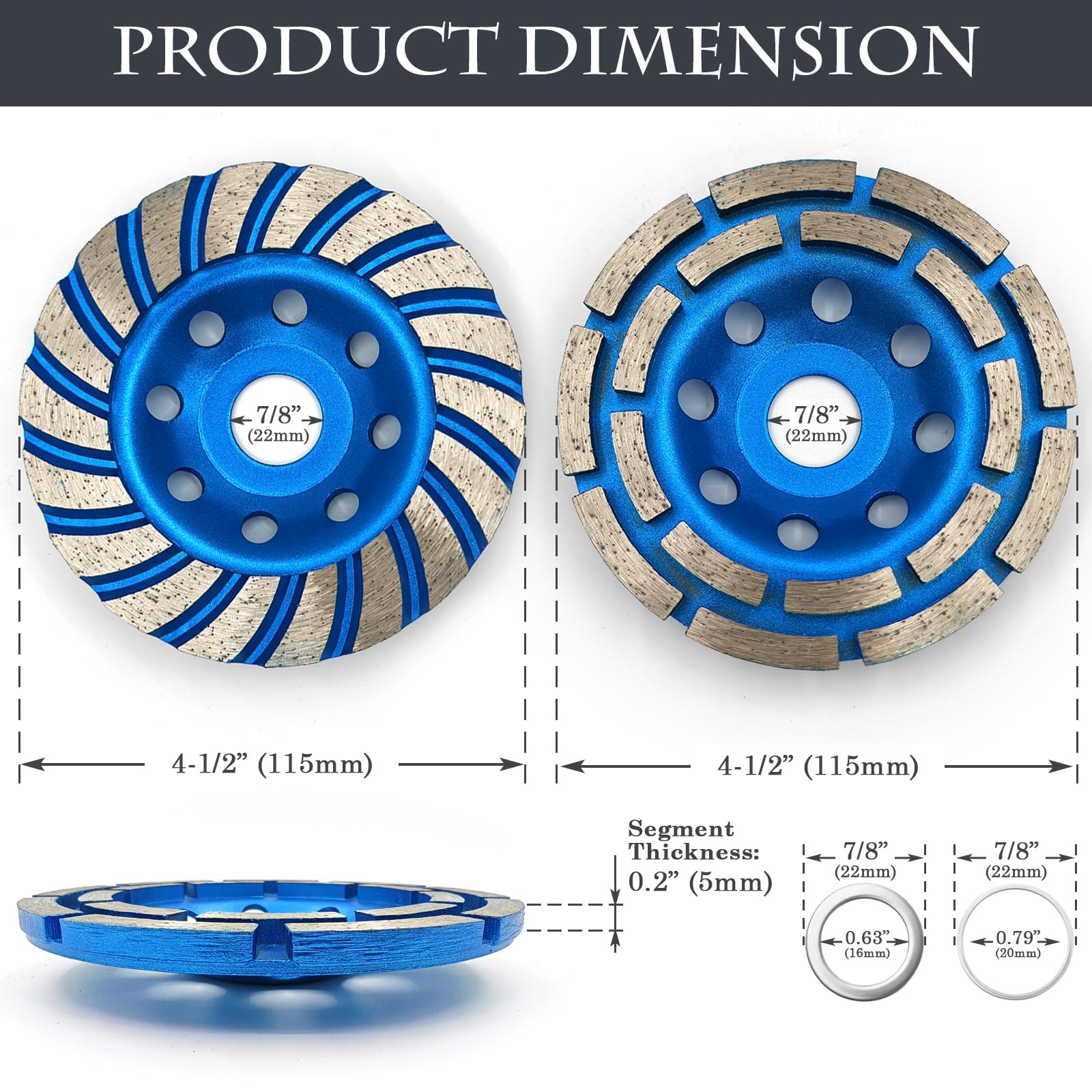 SWIGRANCE 2Pcs Diamond Concrete Grinding Cup Wheels 115mm 4-1/2" Set (Double Row + Turbo Row Segment), Fits 7/8" Arbor for Angle Grinder, Shaping Cleaning Concrete Masonry Marble Granite Brick