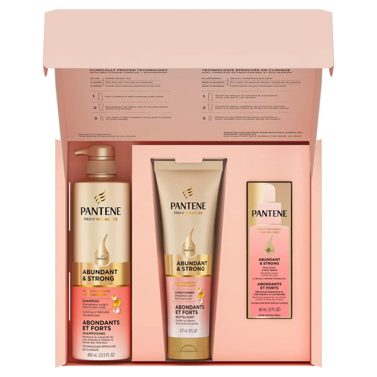Pantene Abundant & Strong 3-Step System, Shampoo (400 ml), Conditioner (236 ml), Serum (60 ml), Strengthens at the Root, 3 Count - Available at All In One Marketplace Canada