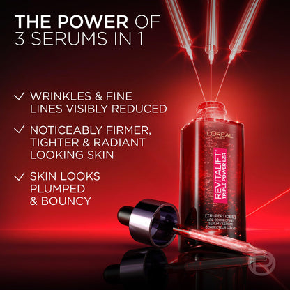 L’Oréal Paris Triple Power LZR Tri-Peptides Age Correcting Face Serum with Vitamin C & Hyaluronic Acid, Anti-Aging Skin Care, 30 mL