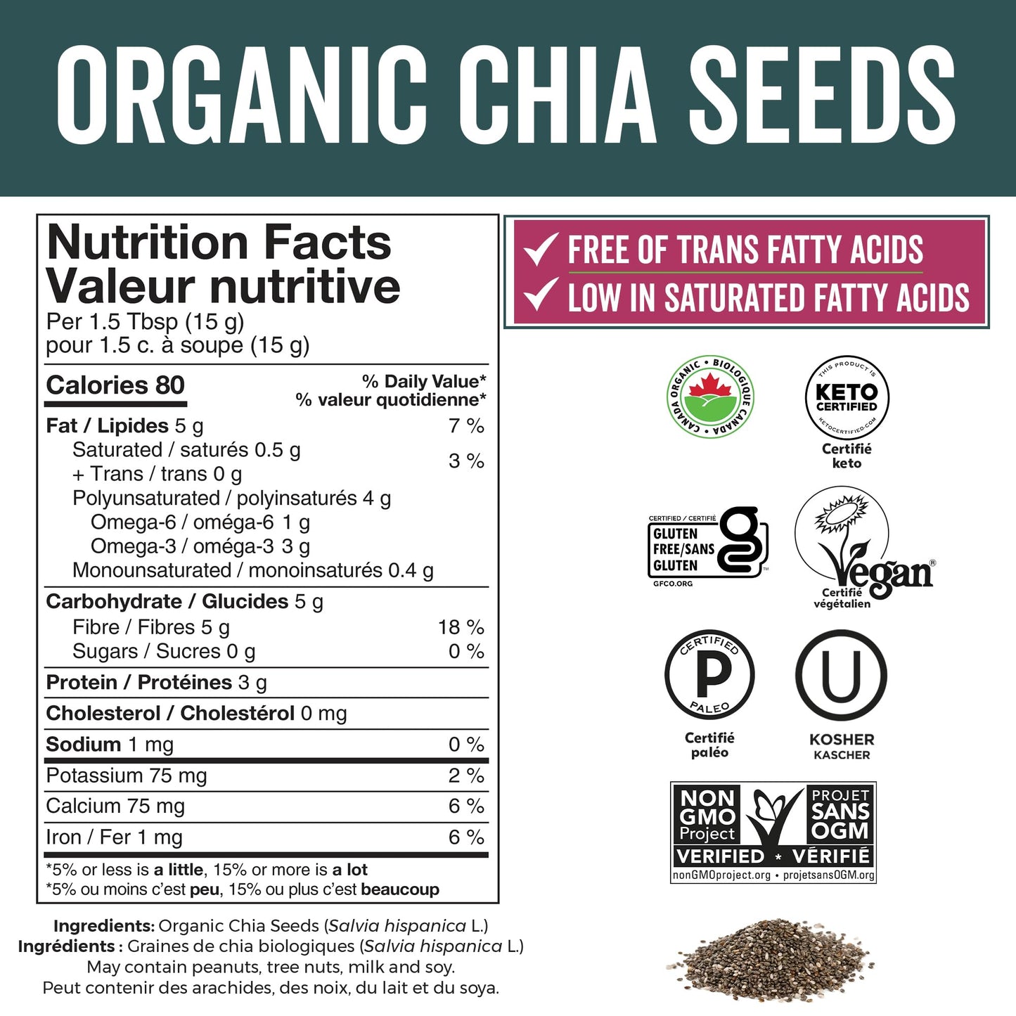 Viva Naturals Organic Chia Seeds, 2 lb – Plant-Based Omega-3s & 6s and Vegan Protein, Non-GMO, Black Chia Seeds Organic, Graine de Chia – Perfect for Smoothies, Salads, and Chia Seed Pudding