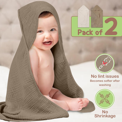 Infancie 100% Organic Cotton Muslin Hooded Baby Towels 2 Pack 81 X 81 CM Shower Towel Soft Breathable Lightweight Quick Dry Gentle On Baby Skin for Newborns and Infants
