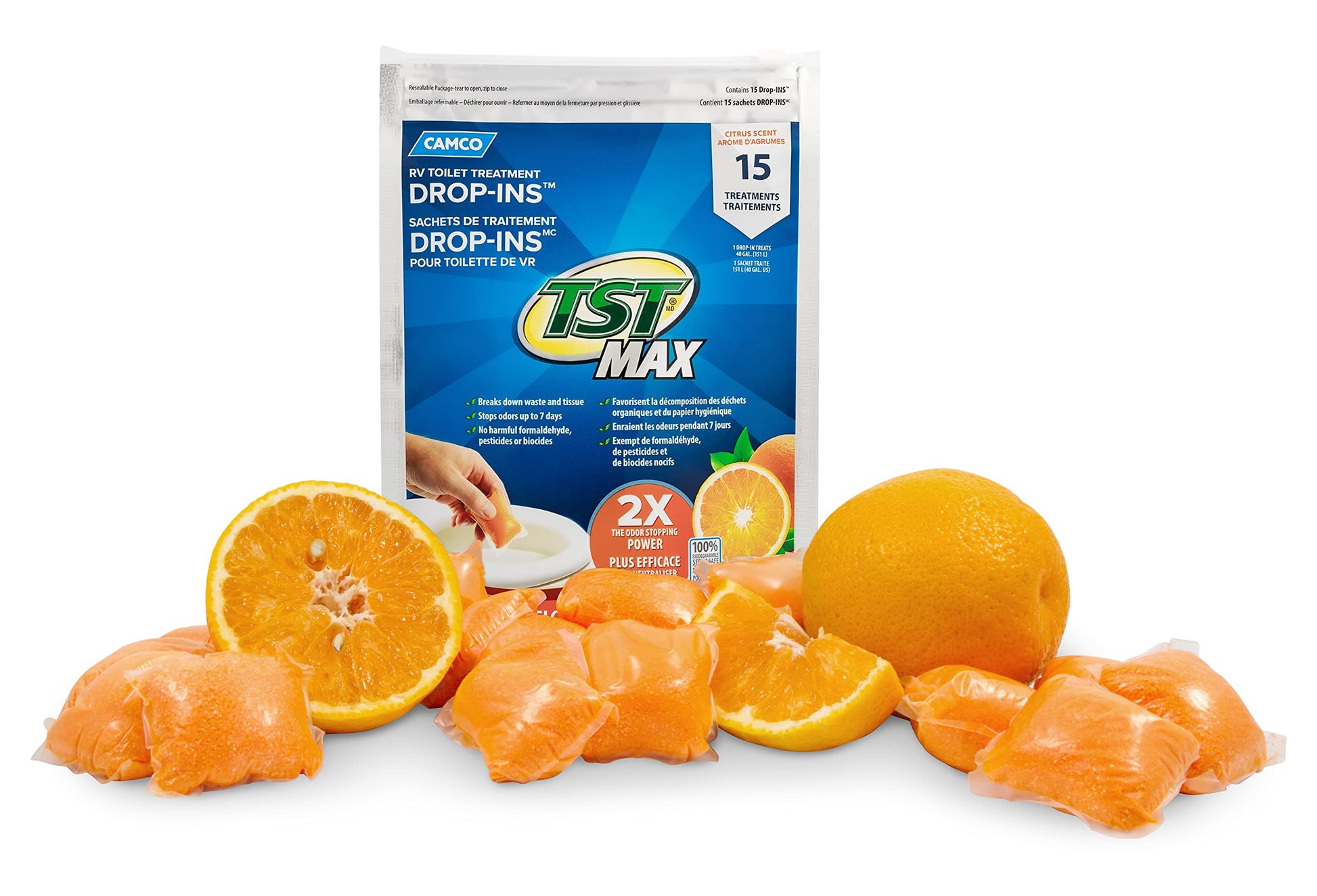 Camco TST MAX Camper/RV Toilet Treatment Drop-INs - Control Unwanted Odors and Break Down Waste and Tissue - Safe Septic Tank Treatment - Orange Scent, 15-Pack (41180)