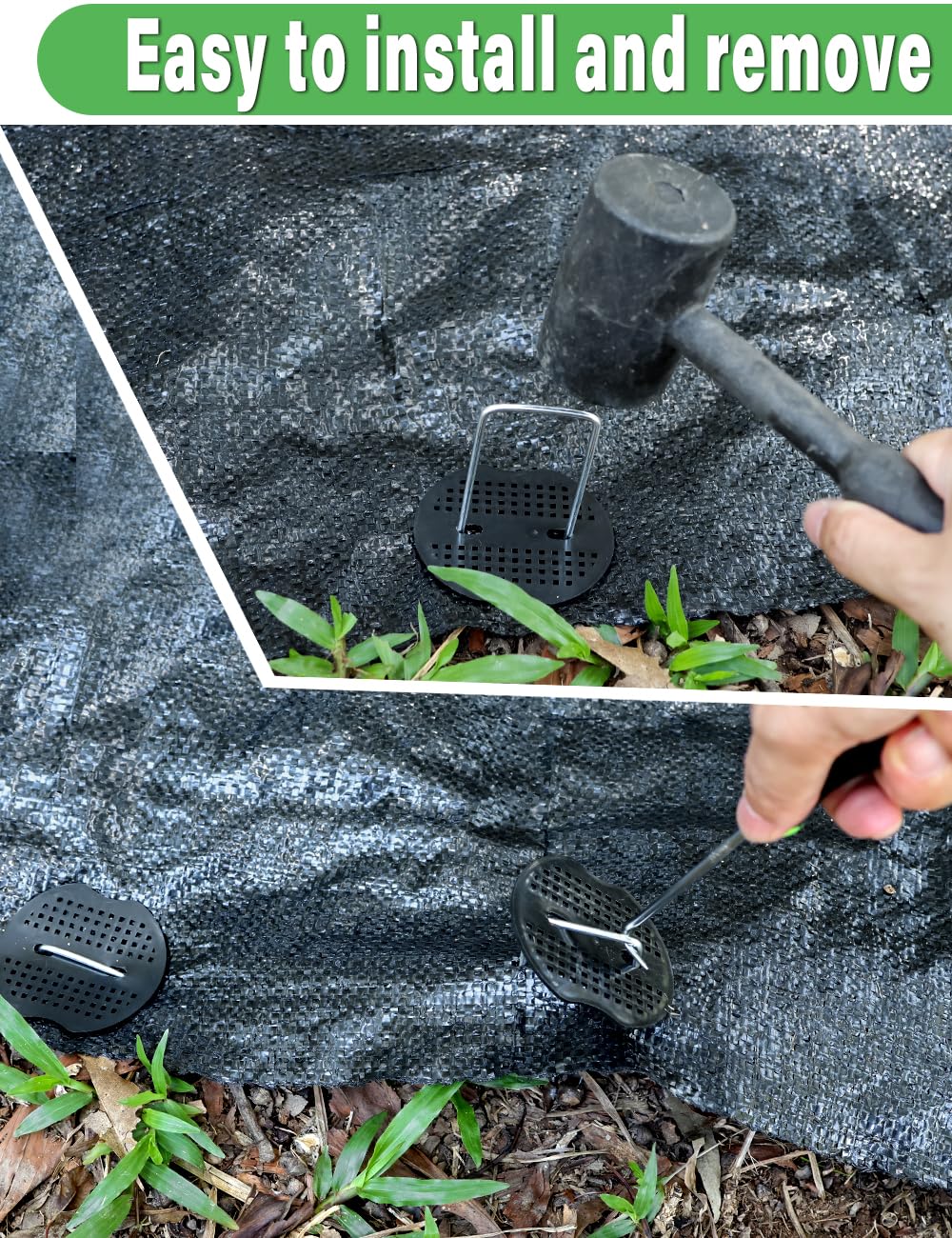 Wohohoho 102Pcs 6 Inches Landscape Staples with Gasket Kit. 50Pcs U-Shaped Garden Stakes and Plastic Fixing Gasket, with Pick Hook and Black Hammer. Pins for Tent Turf Weed Barrier Fabric Hose Fence