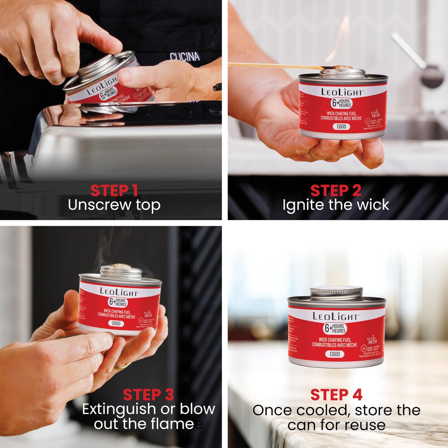 6 Pack Chafing Fuel 6 Hour Burn – Odorless, Smokeless & Spill-Proof Wick, 7.8oz Food Warmer Fuel for Chafing Dish Buffet Set & Catering Use, LeoLight - Available at All In One Marketplace Canada