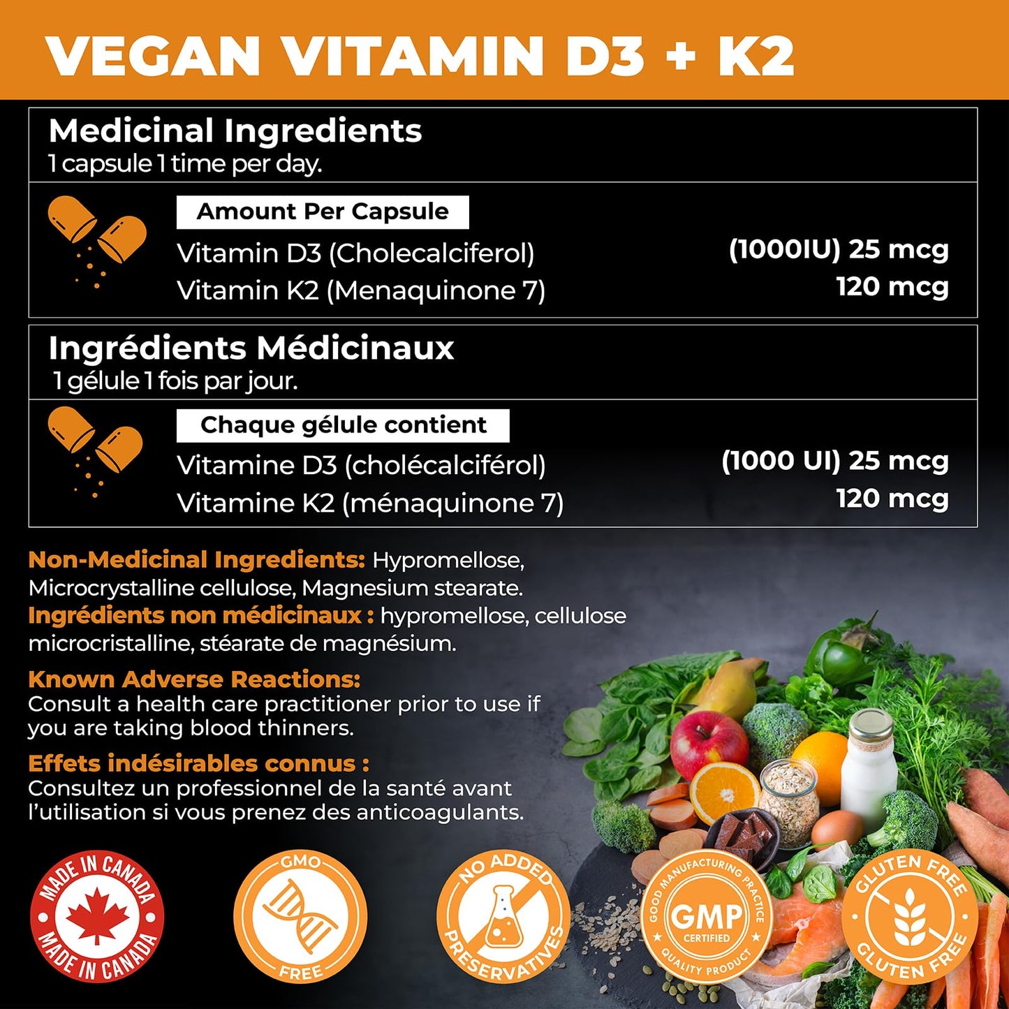 VITAMIN D3 K2 (MK-7) VEGAN | HIGH POTENCY•VALUE SIZE | Supports Prevention of Osteoporosis & Heart Calcification | Immune, Bone & Heart Health Supplement | Canadian Made Vitamin D3 Vitamin K2 - Available at All In One Marketplace Canada