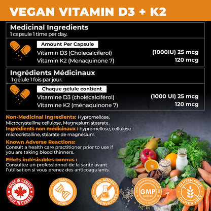 VITAMIN D3 K2 (MK-7) VEGAN | HIGH POTENCY•VALUE SIZE | Supports Prevention of Osteoporosis & Heart Calcification | Immune, Bone & Heart Health Supplement | Canadian Made Vitamin D3 Vitamin K2 - Available at All In One Marketplace Canada