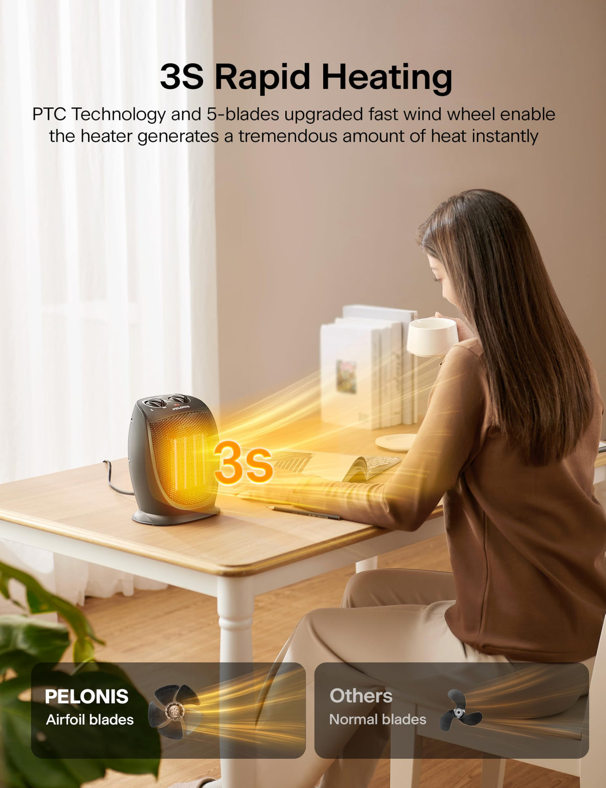 PELONIS Portable Electric Space Heater, 1500W Ceramic Heaters for Home, Office, Personal Use, Quiet Cooling & Heating Mode Room Heater for All Season, Tip Over & Overheat Protection, Black, 9inch