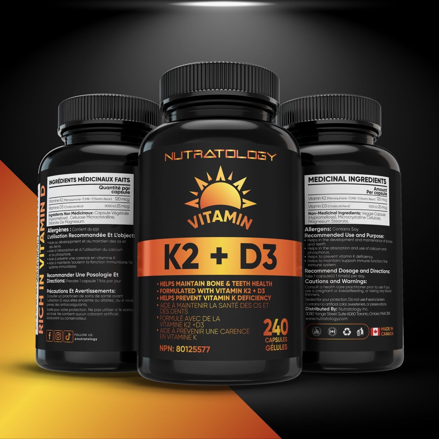 Nutratology® Vitamin K2 + D3 | Canadian-Made | Highest Potency 120MCG/1000 IU - 240 Capsules - Helps Maintain Bone & Teeth Health - Formulated With MK-7 For Best Results - Immune System Support.