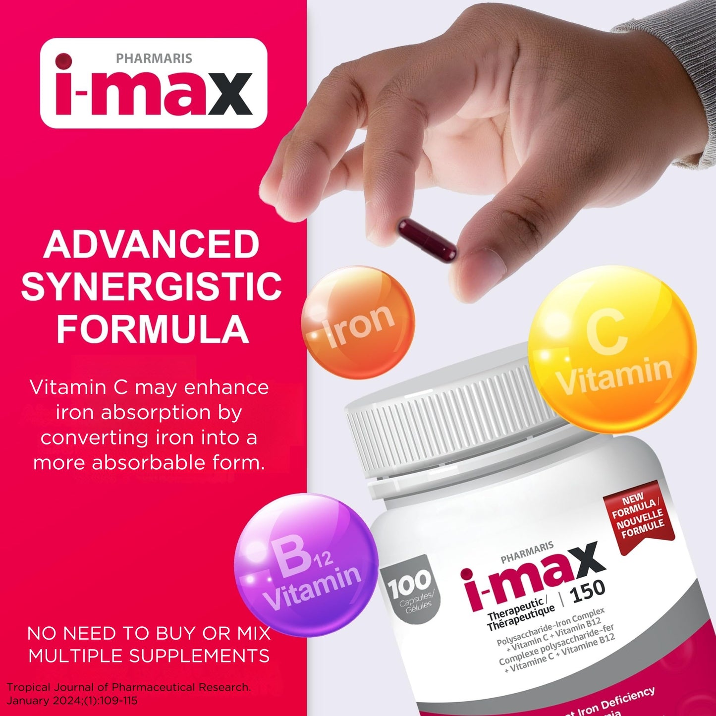 Pharmaris i-max Polysaccharide Iron Complex, 150 mg Elemental Iron Supplement for Treatment and Prevention of Iron Deficiency Anemia, 250 mg Vitamin C, 1000 mcg Vitamin B12, No Artificial Dyes, Vegan, 100 Capsules - Available at All In One Marketplace Canada