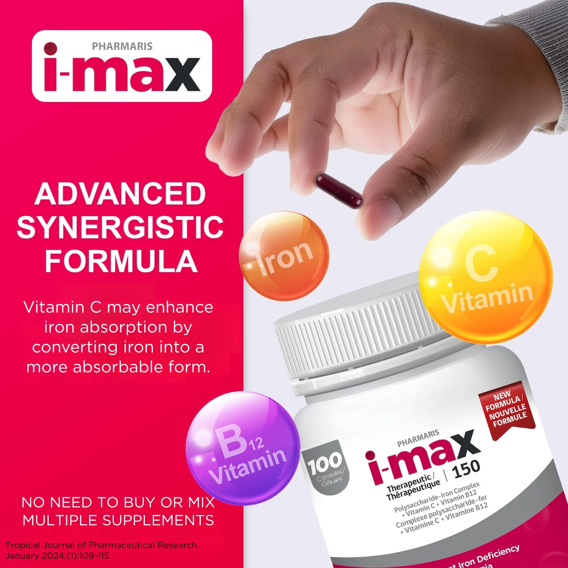 Pharmaris i-max Polysaccharide Iron Complex, 150 mg Elemental Iron Supplement for Treatment and Prevention of Iron Deficiency Anemia, 250 mg Vitamin C, 1000 mcg Vitamin B12, No Artificial Dyes, Vegan, 100 Capsules - Available at All In One Marketplace Canada