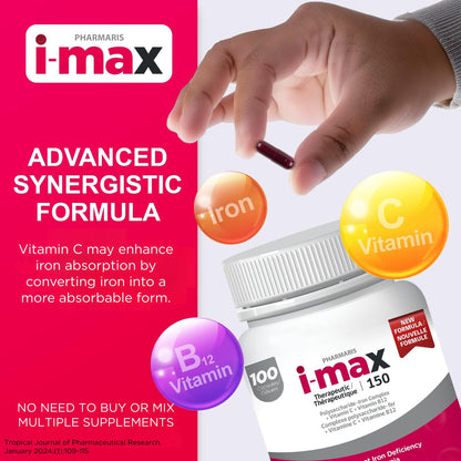 Pharmaris i-max Polysaccharide Iron Complex, 150 mg Elemental Iron Supplement for Treatment and Prevention of Iron Deficiency Anemia, 250 mg Vitamin C, 1000 mcg Vitamin B12, No Artificial Dyes, Vegan, 100 Capsules - Available at All In One Marketplace Canada