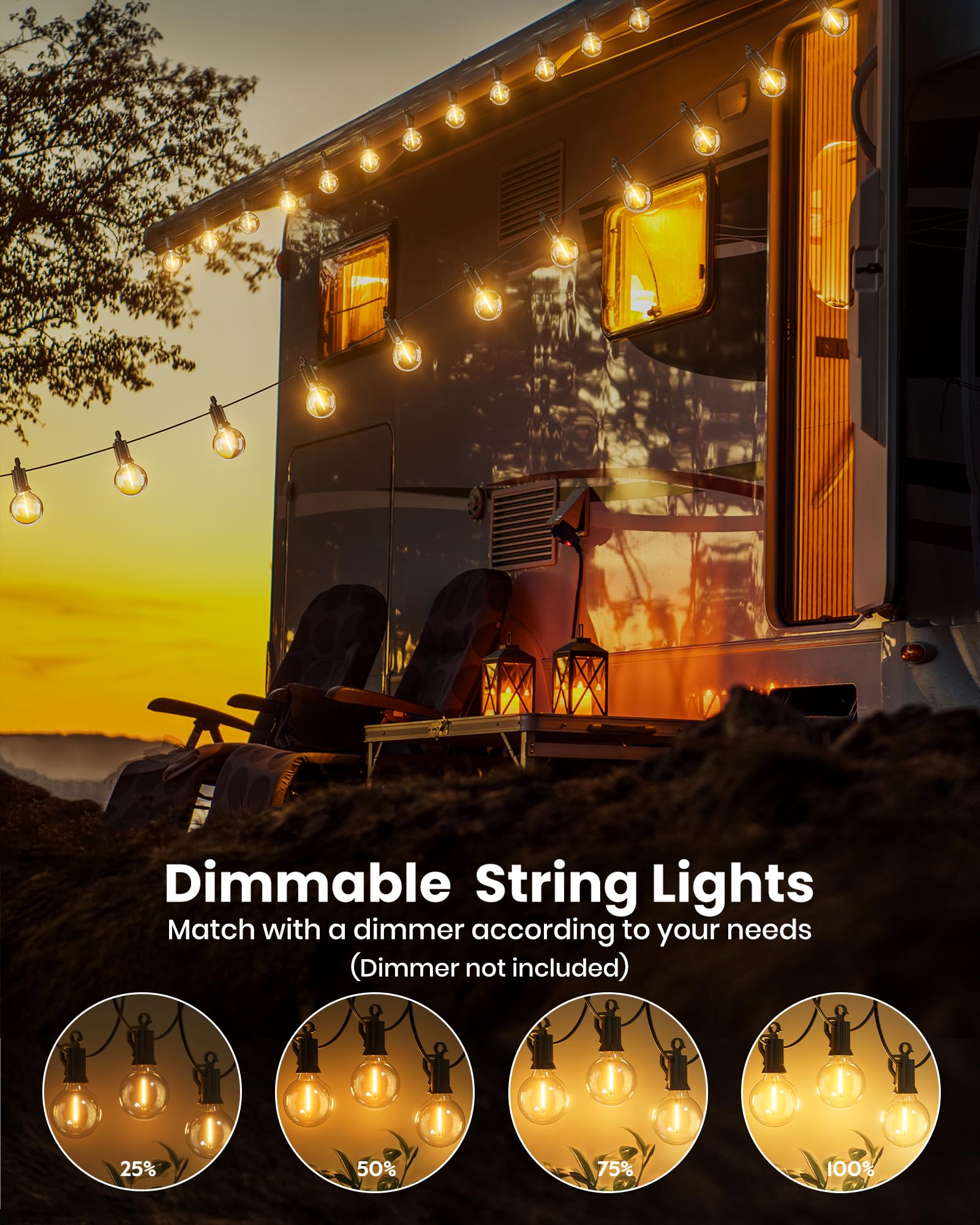 Outdoor String Lights 25 Feet G40 Globe LEDs Patio Lights with 13 Edison LED Bulbs(1 Spare), Waterproof Connectable Hanging Light for Backyard Porch Balcony Party Decor, E12 Socket Base, Black