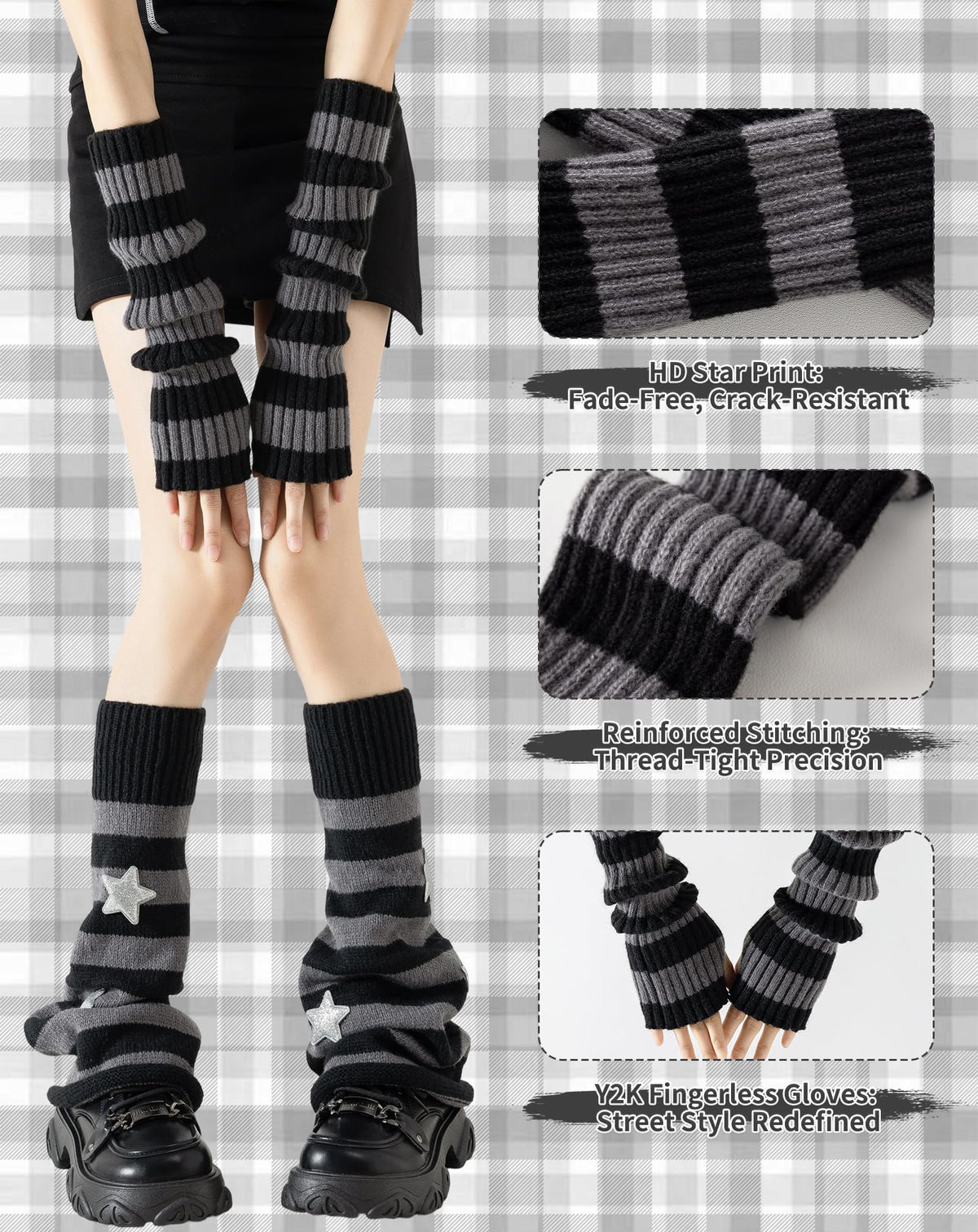 Yawlsow Leg Warmers for Women Y2k Knit Ruffle Leg Warmer Winter, Kawaii Cute Long Socks for Girls Goth Harajuku Accessories (Black Grey Star, One Size) 🍁 All In One Marketplace Canada