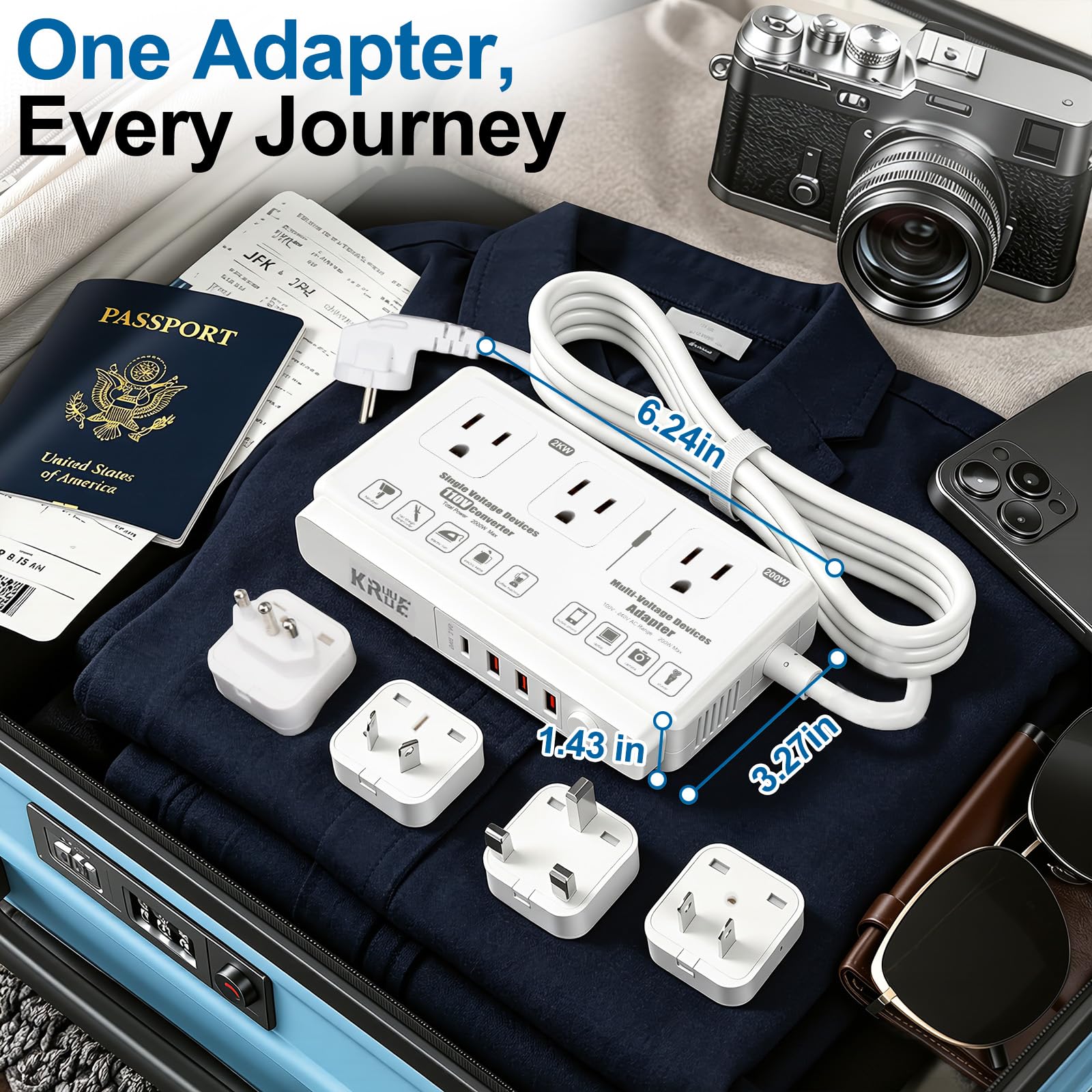 220v to 110v Travel Voltage Converter: International Universal Voltage Converter US to Europe Power Strip Plug Transformer - 2000W Electric Hair Dryer Step Down Outlet Converters for European UK EU