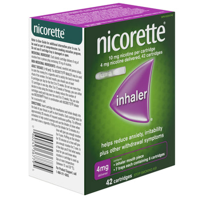 Nicorette 4mg Nicotine Inhaler – Clinically Proven Quit Smoking Aid with Hand-to-Mouth Action, Helps Reduce Cravings & Withdrawal, NRT for Adults Quitting Cigarettes, 42 Cartridges - Available at All In One Marketplace Canada
