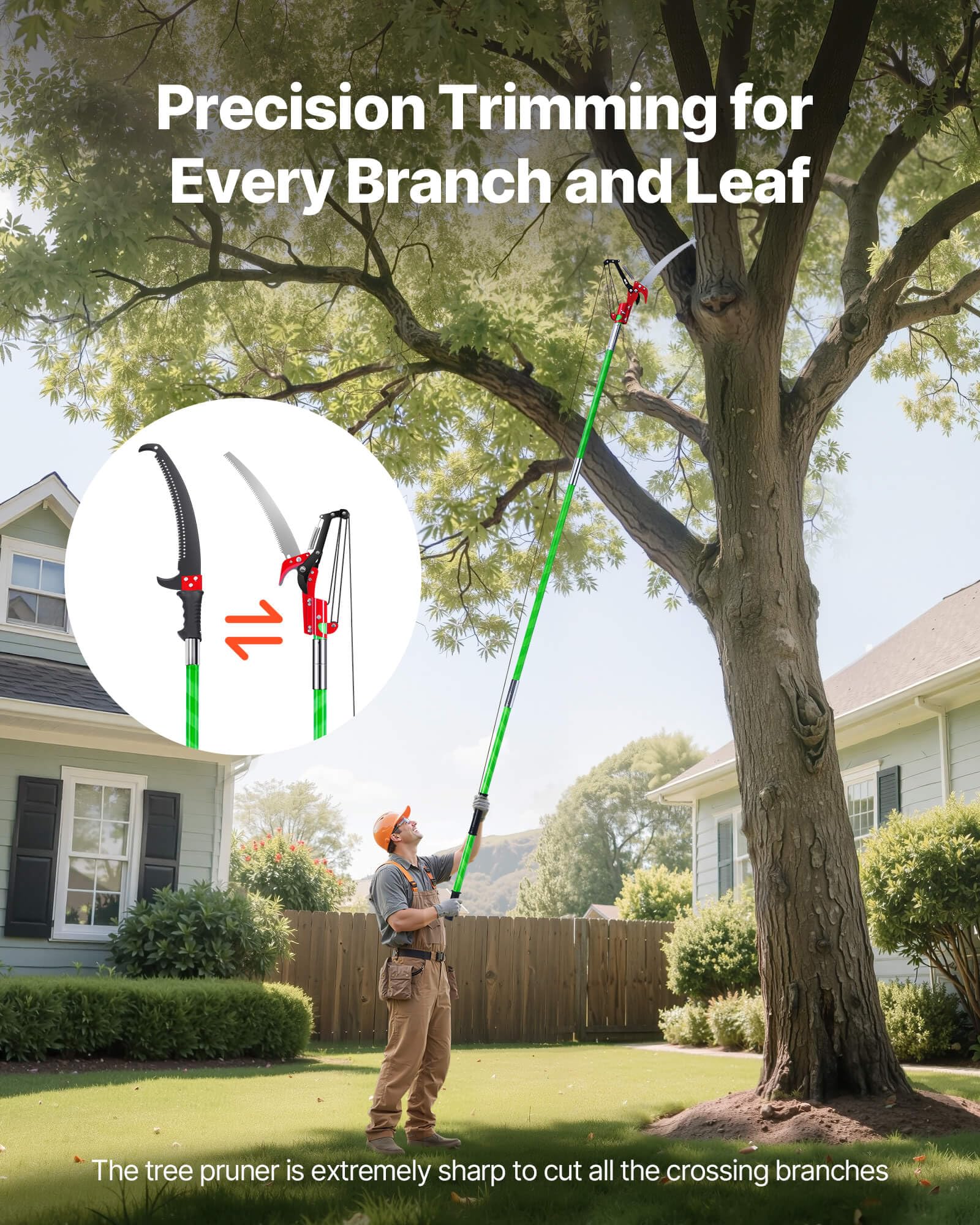VEVOR Manual Pole Saw, 3.87-27 ft Extendable Pole Tree Pruner with Scissors, Sharp 65Mn Steel Blade, Lightweight Fiberglass Handle Pole, for High Branch Trimming, Pruning Tool for Palms and Shrubs VEVOR