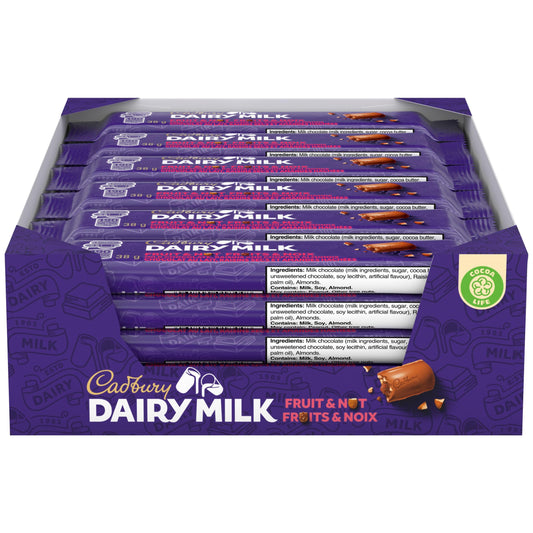 CADBURY DAIRY MILK Fruit & Nut Chocolate Bar - 24 Pack (38g each, 912g total) - Canadian Made