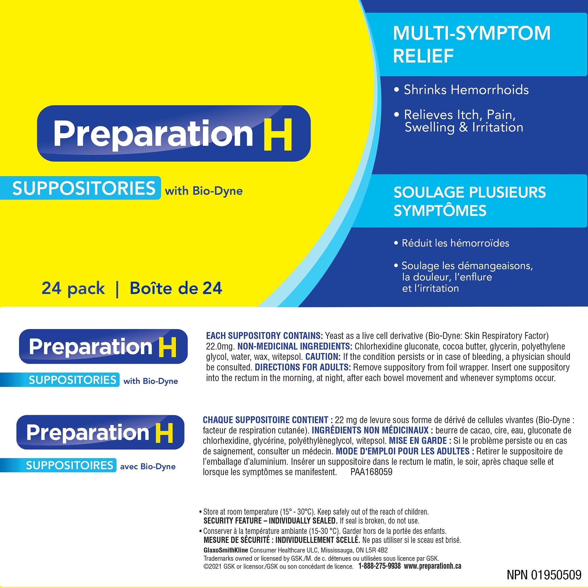 Preparation H Multi-Symptom Hemorrhoid Treatment Suppositories with Bio-Dyne, 24-Count - Available at All In One Marketplace Canada