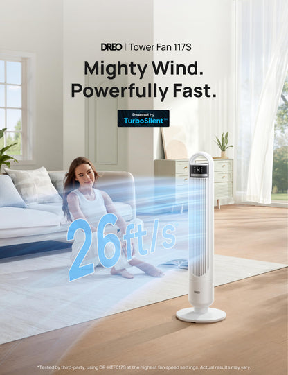 DREO Smart Tower Fan for Bedroom, 90° Oscillating Standing Fans for Room with 4 Speeds, 4 Modes, 25dB Quiet for Sleep, 25ft/s Velocity, 8H Timer, Remote/App/Voice Control for Living Room, Office, Home