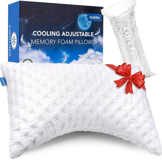 Cooling Side Sleeper Pillow for Neck and Shoulder, Luxury Shredded Memory Foam Curved Bed Pillows for Sleeping Set of 1- Adjustable Queen Size- Washable Cover Crescent White - Available at All In One Marketplace Canada