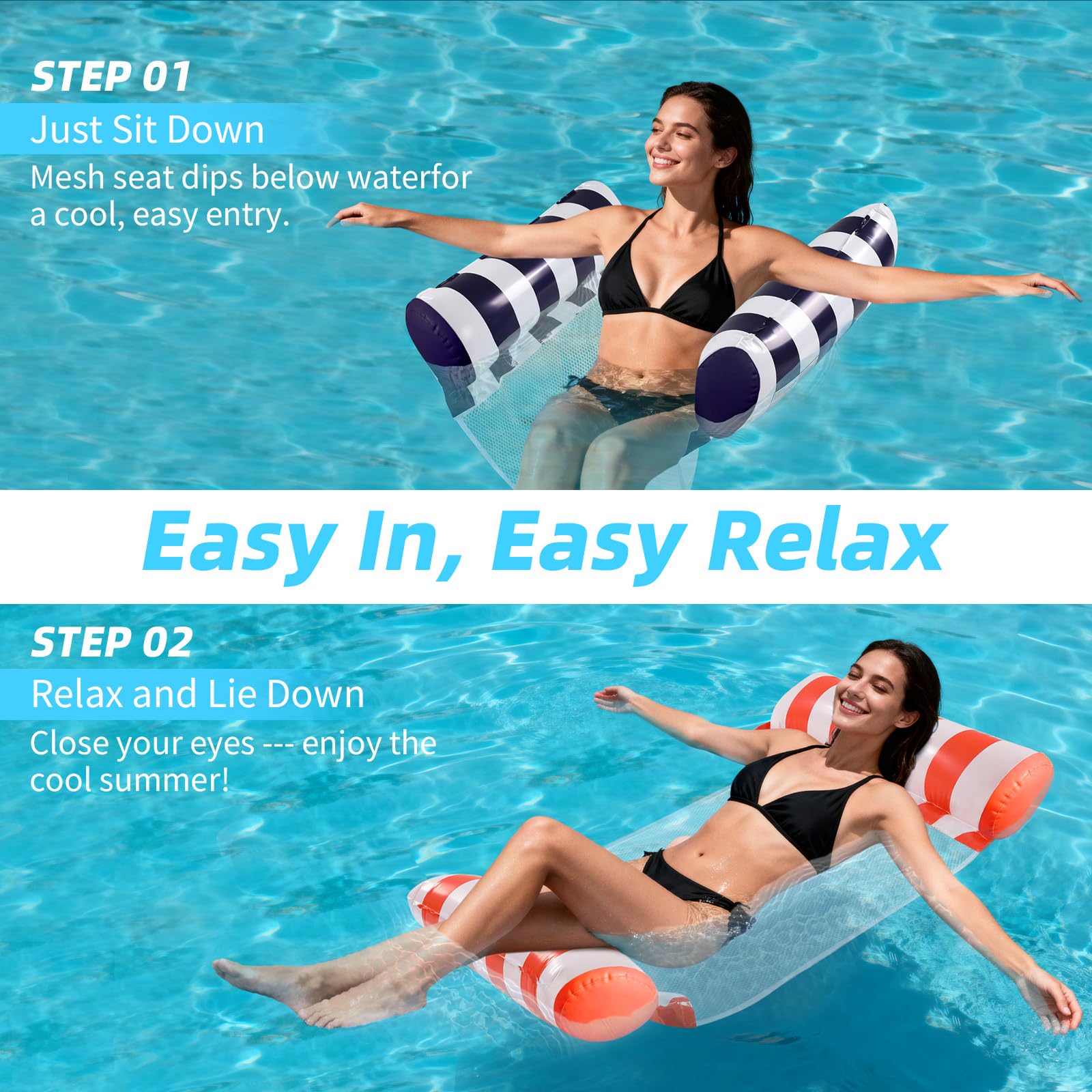 HeyStookie 4 Pack Water Hammock & Pool Floaties for Adults, Multi-Purpose Inflatable Pool Toy, 4 in 1 Portable Water Hammock for Pool, Non-Stick PVC Material, 51×27 Inches