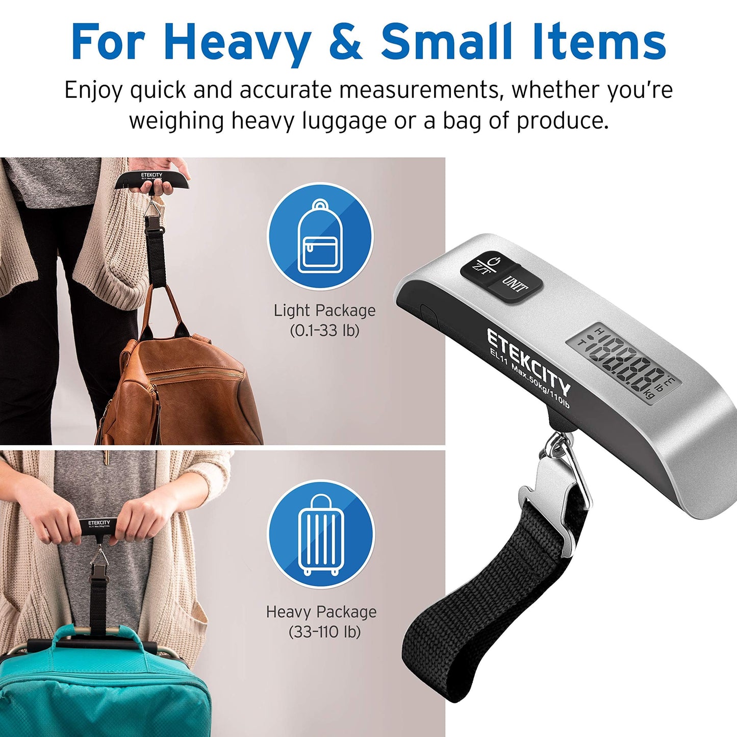 Etekcity Digital Hanging Luggage Scale, Portable Handheld, Suitcase Scale with Rubber Paint, Temperature Sensor, 110 Pounds - Available at All In One Marketplace Canada