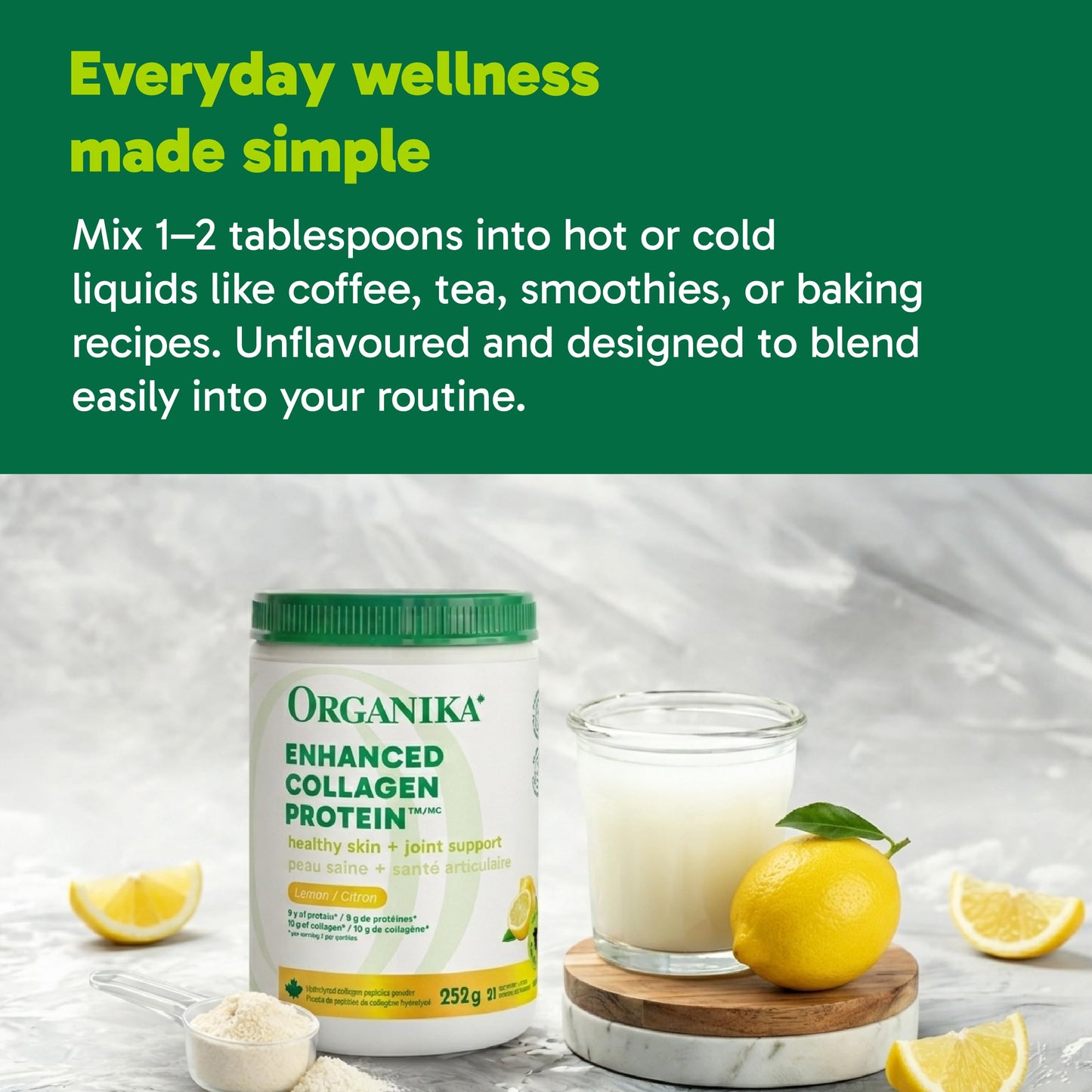 Organika Canadian-Made Enhanced Collagen Protein Powder- Lemon - For Healthy Hair, Skin, Nails, Joints - Hydrolyzed Peptides For Better Absorption – Grass-Fed, Non-GMO - 252g