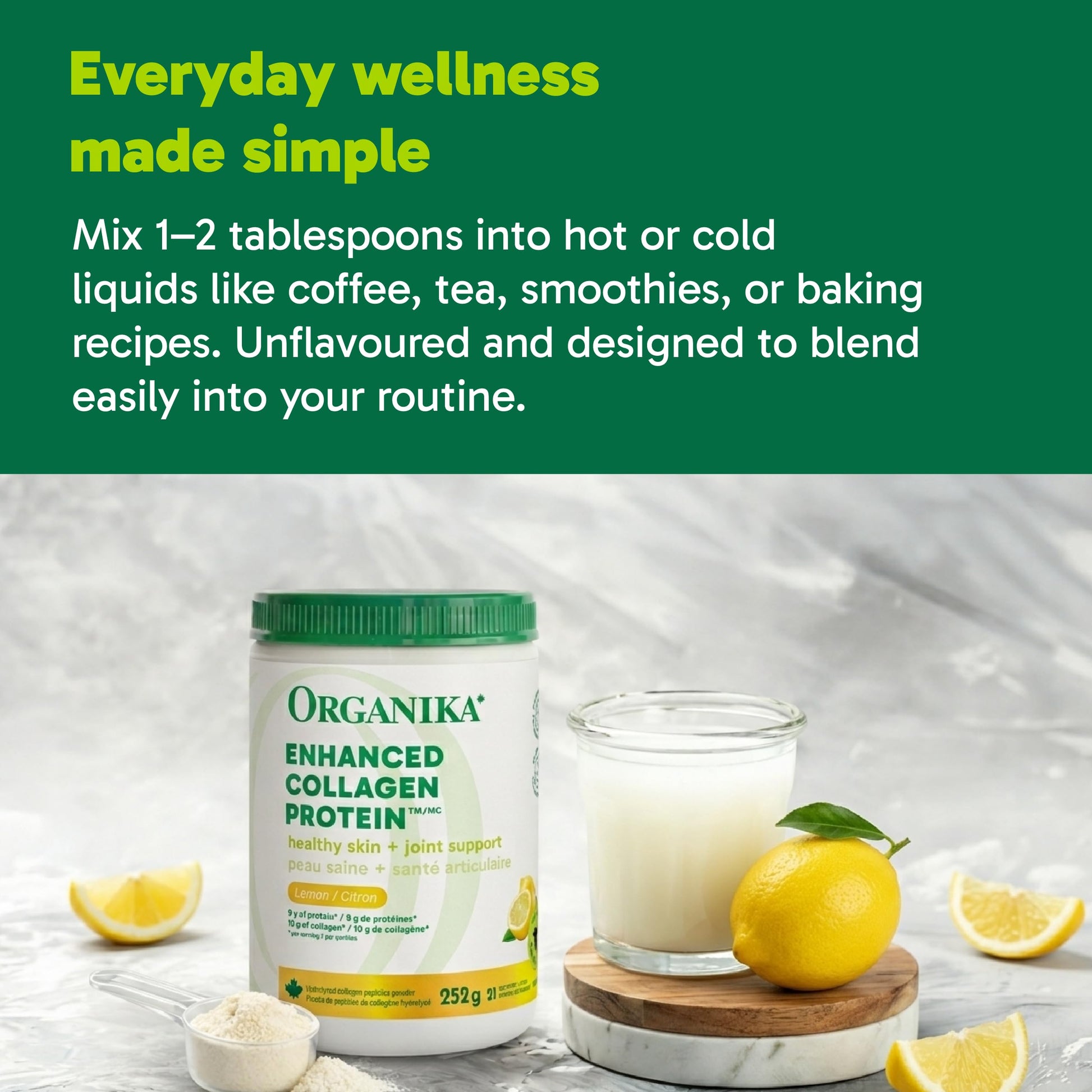 Organika Canadian-Made Enhanced Collagen Protein Powder- Lemon - For Healthy Hair, Skin, Nails, Joints - Hydrolyzed Peptides For Better Absorption – Grass-Fed, Non-GMO - 252g